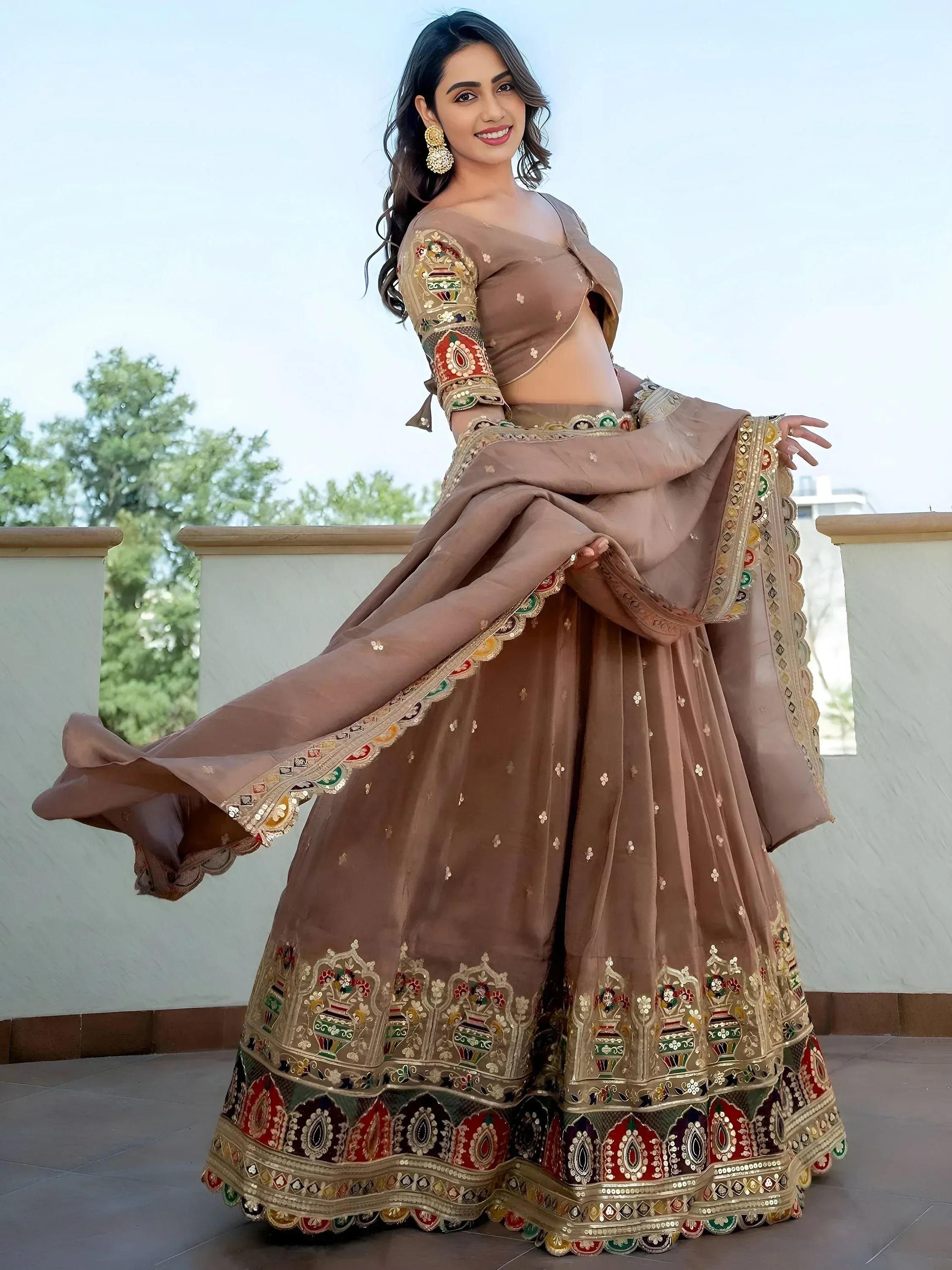 Stunning Beige Silk Sequins Party Wear Lehenga Choli With Dupatta