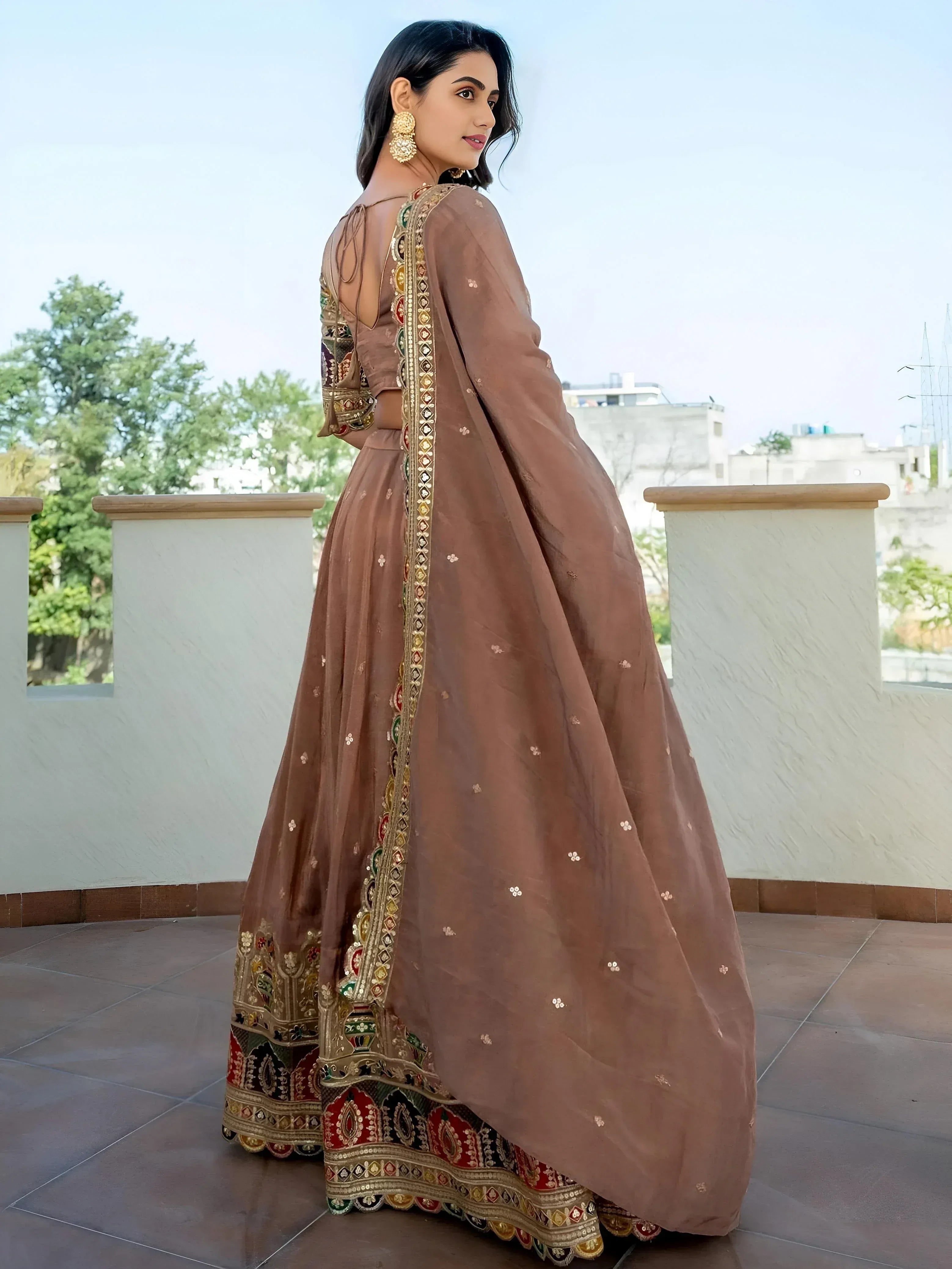 Stunning Beige Silk Sequins Party Wear Lehenga Choli With Dupatta