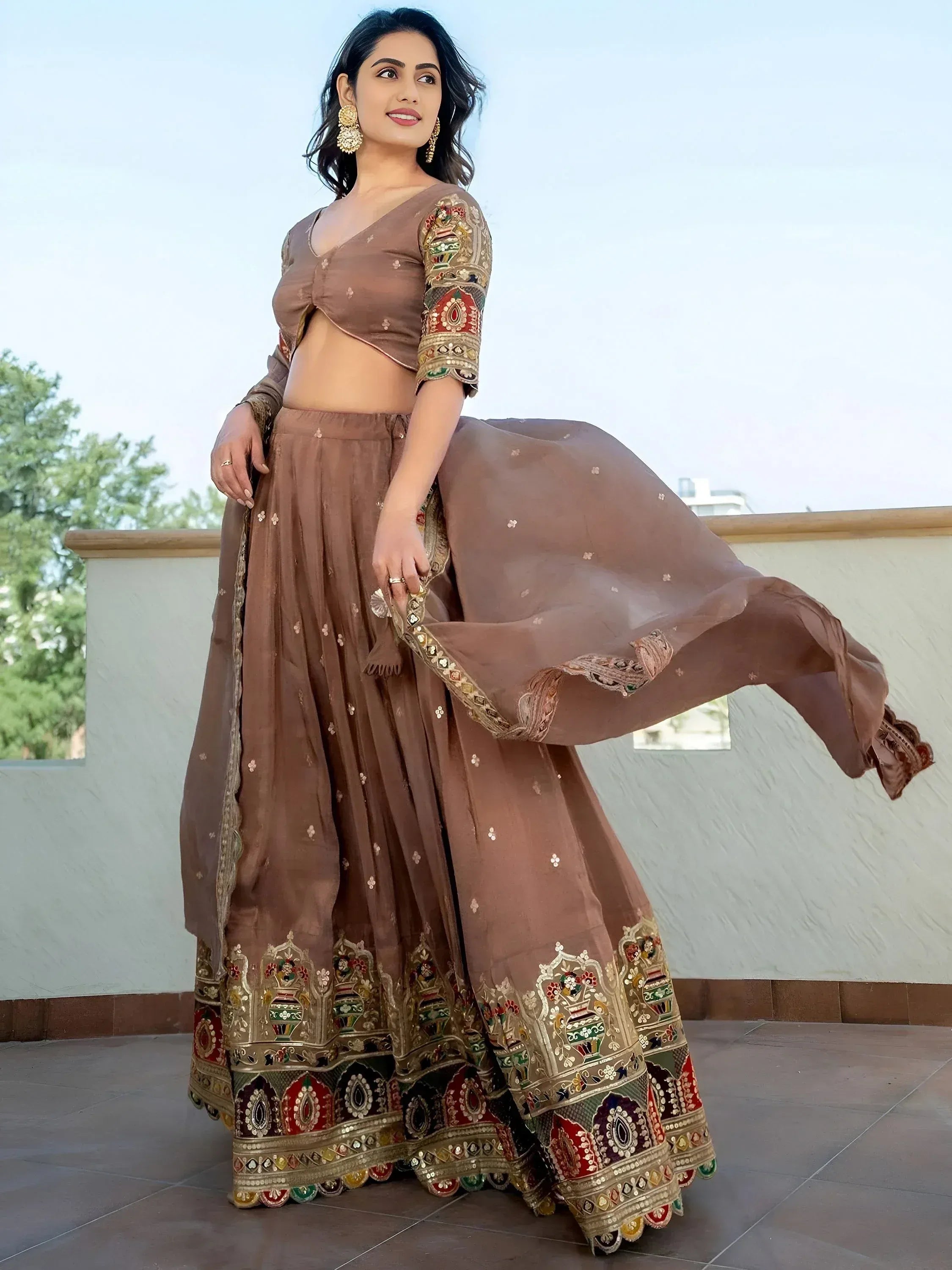 Stunning Beige Silk Sequins Party Wear Lehenga Choli With Dupatta