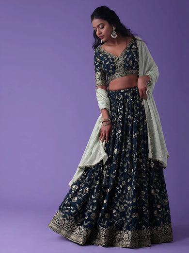 Pretty Blue Dori Work Georgette Wedding Lehenga Choli With Dupatta