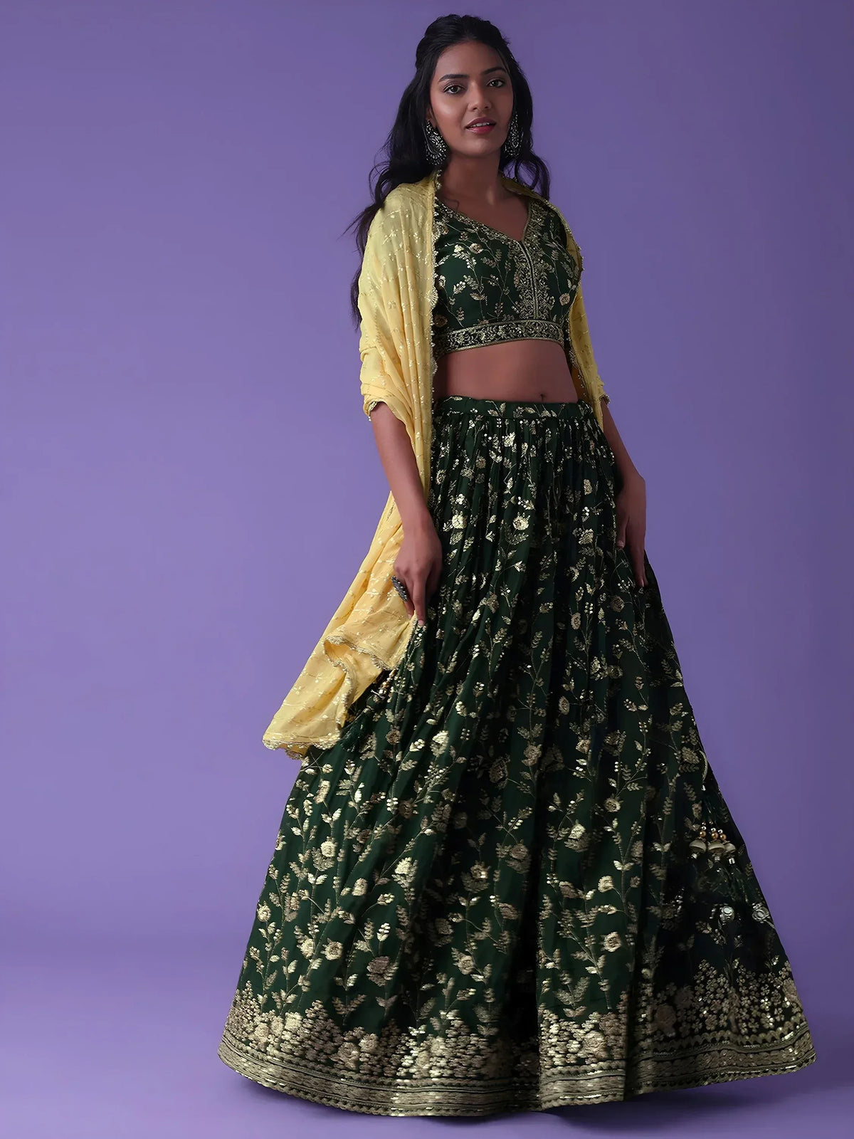 Emerald green lehenga choli with gold floral embroidery and yellow dupatta, Indian ethnic wear