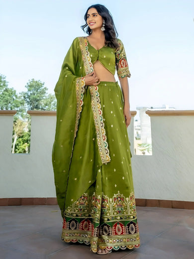 Dazzling Green Thread Embroidered Silk Mehendi Wear Lehenga Choli