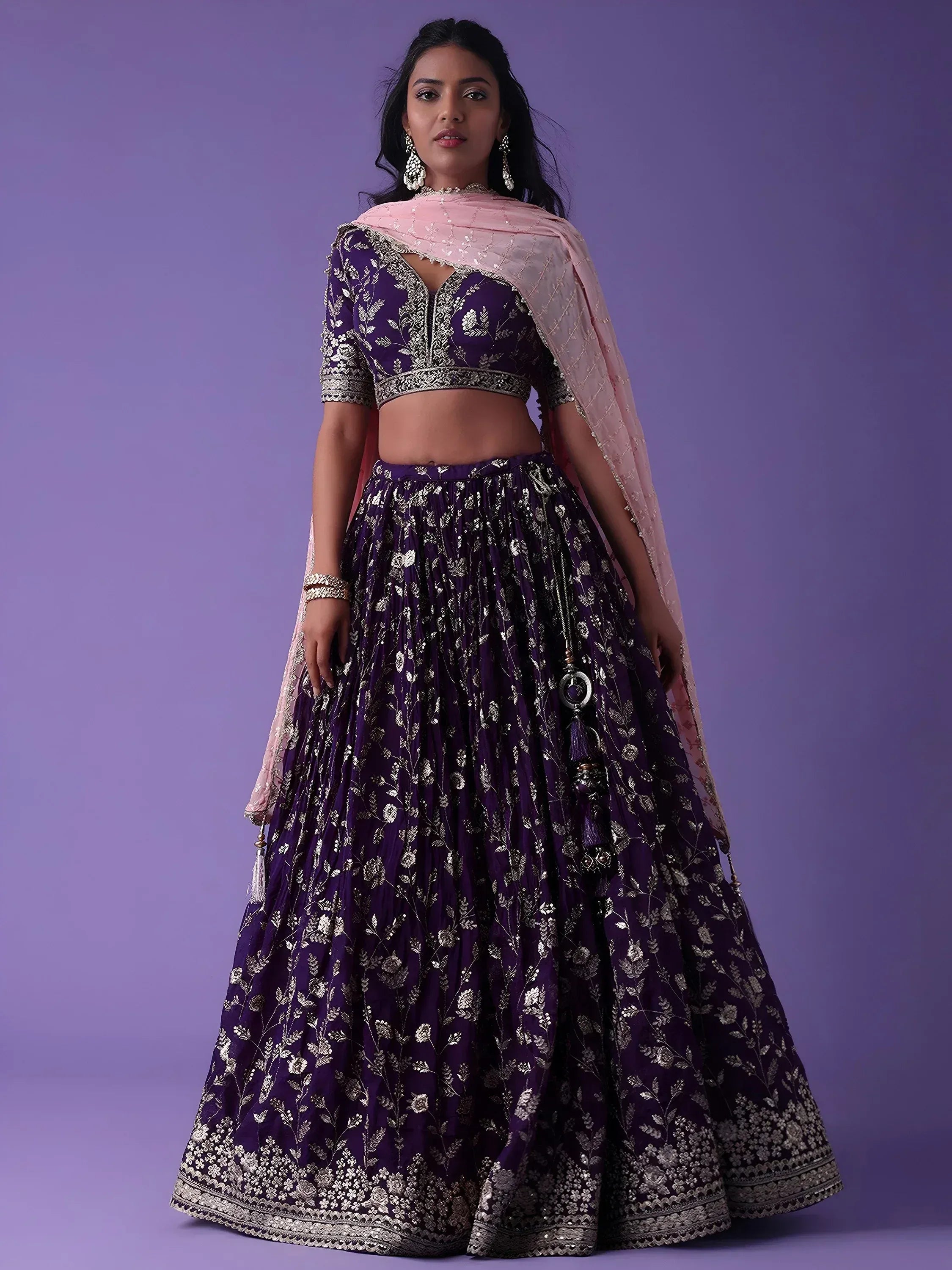 Purple floral embroidered lehenga choli with pink dupatta, Indian ethnic wear