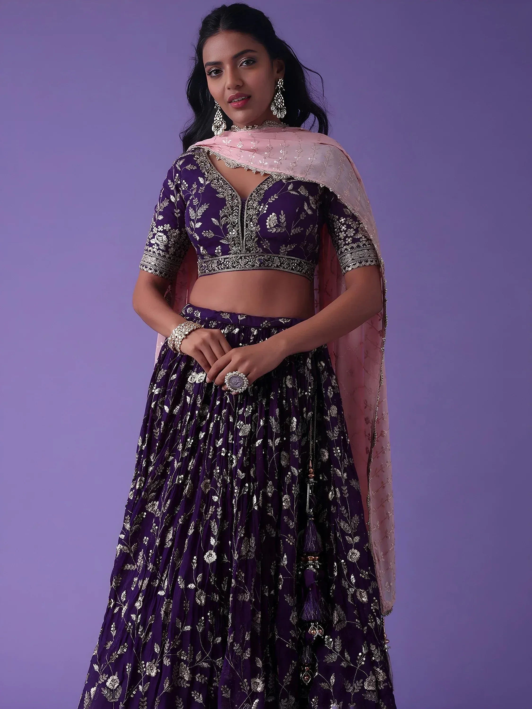 Purple embroidered lehenga choli with pink dupatta, Indian ethnic wear for women