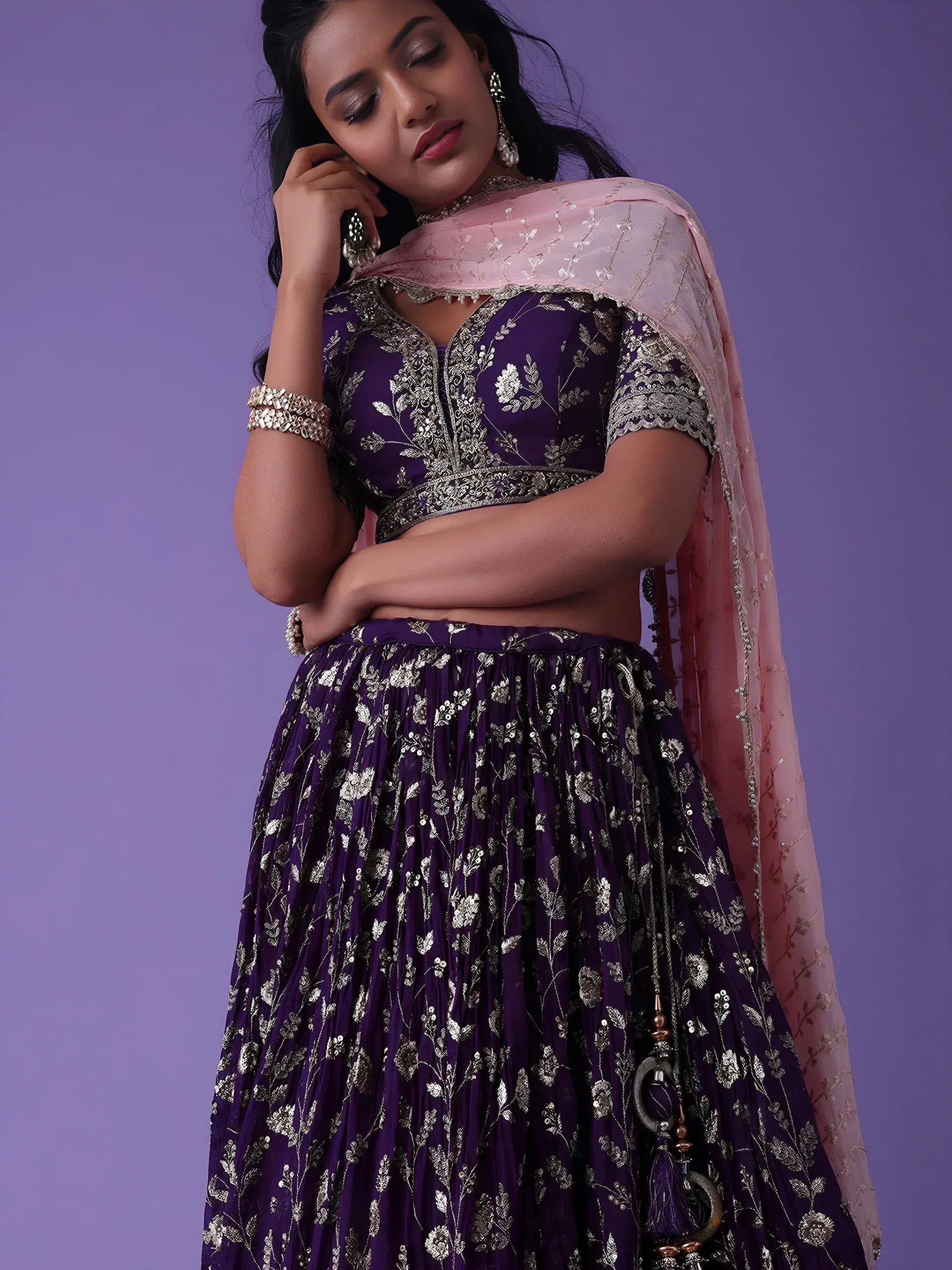 Purple embroidered lehenga choli with pink dupatta, Indian ethnic wear for women