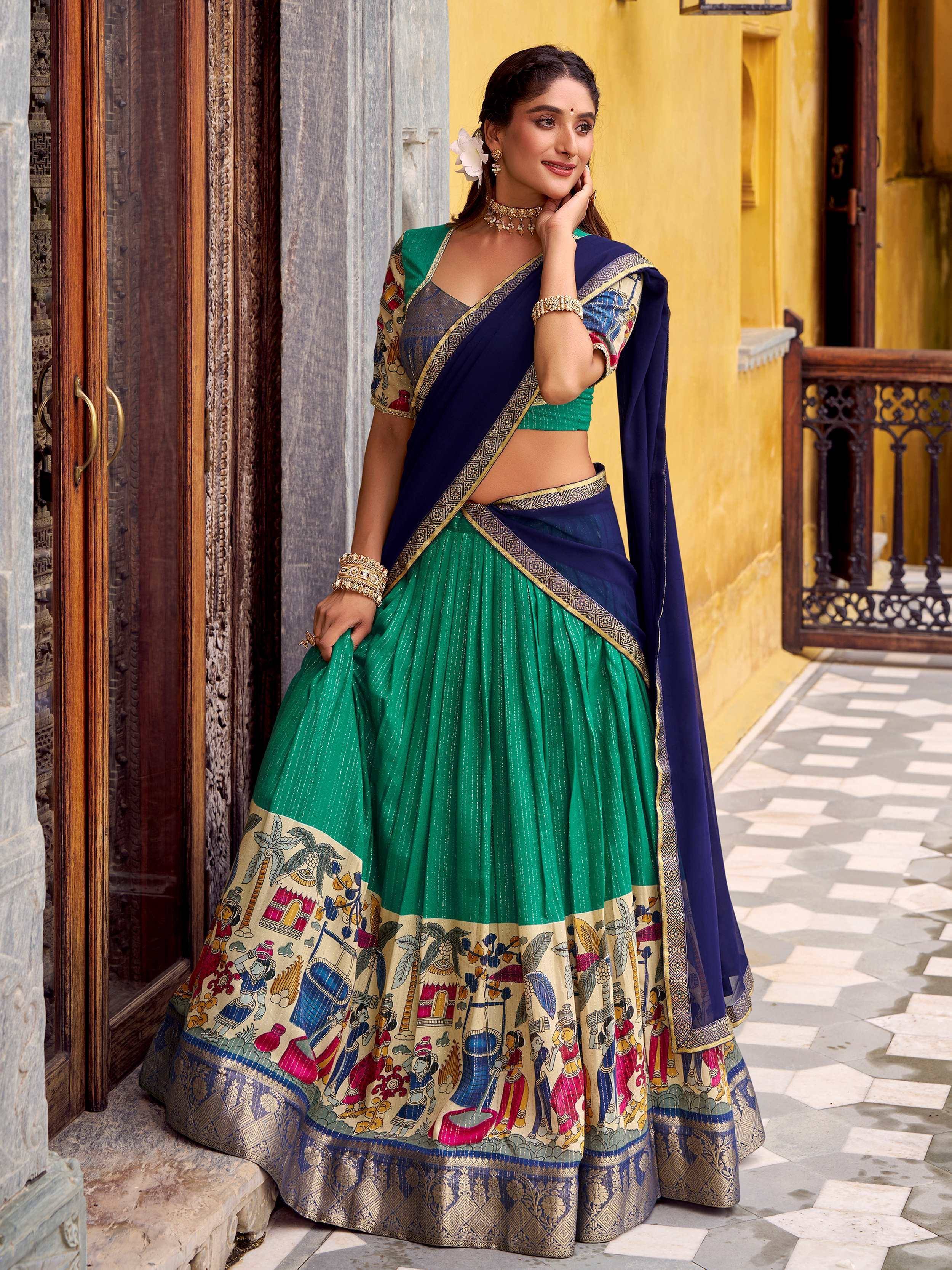 Green and navy blue designer lehenga choli with printed border, ethnic wear for women