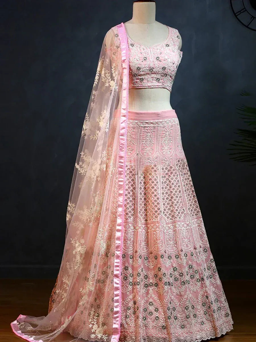 Pink embroidered lehenga choli with net dupatta, designer ethnic wear for weddings and festivals