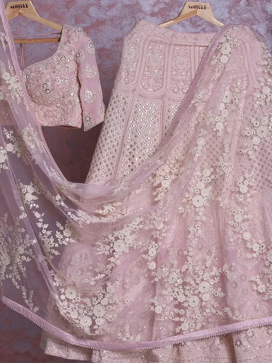 Pink embroidered lehenga choli with floral lace dupatta, designer ethnic wear for weddings