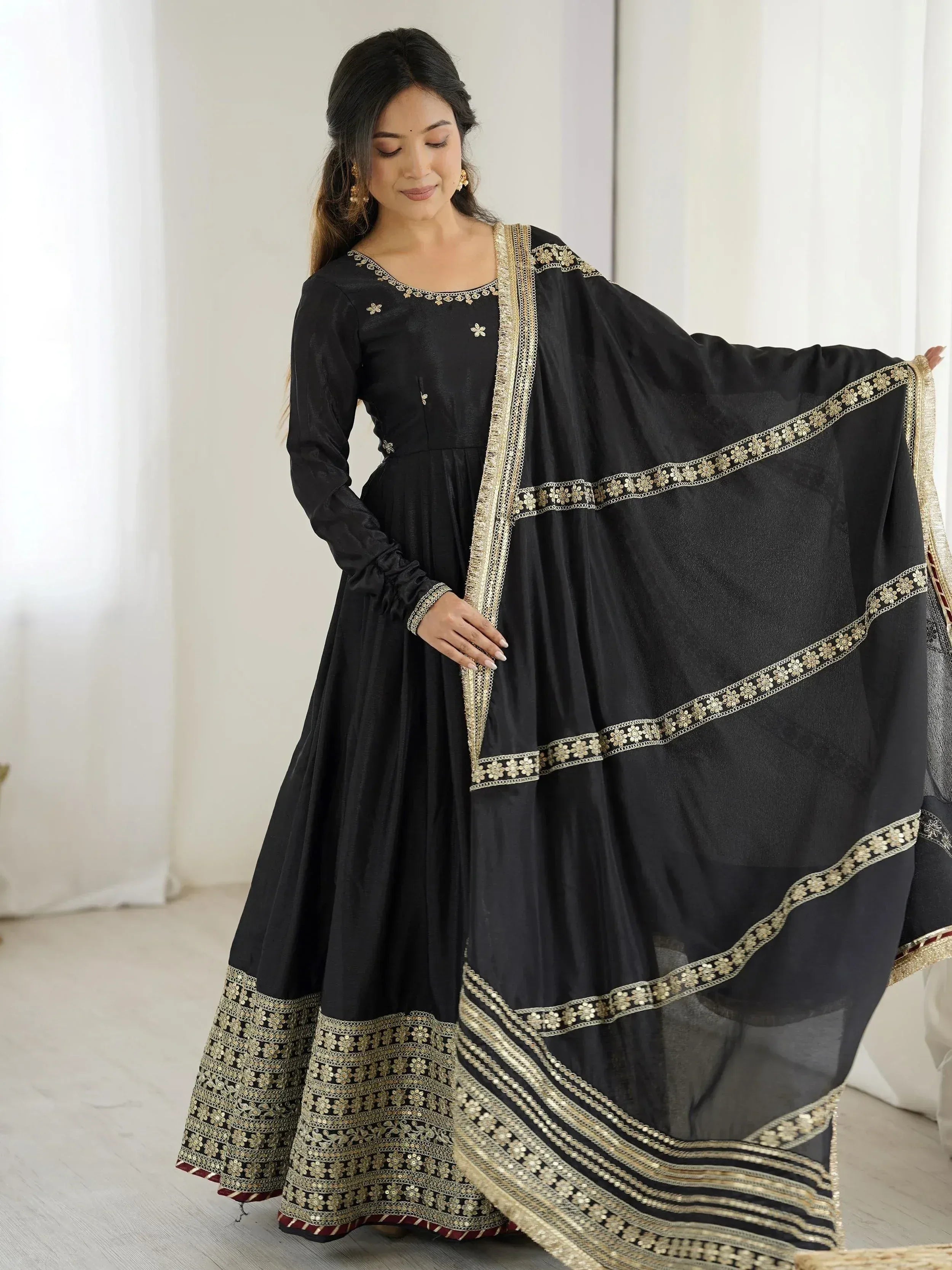 Black ethnic anarkali suit with gold embroidery and dupatta, Indian designer wear