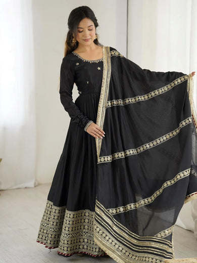 Outstanding Black Silk Sequins Embroidered Anarkali Suit