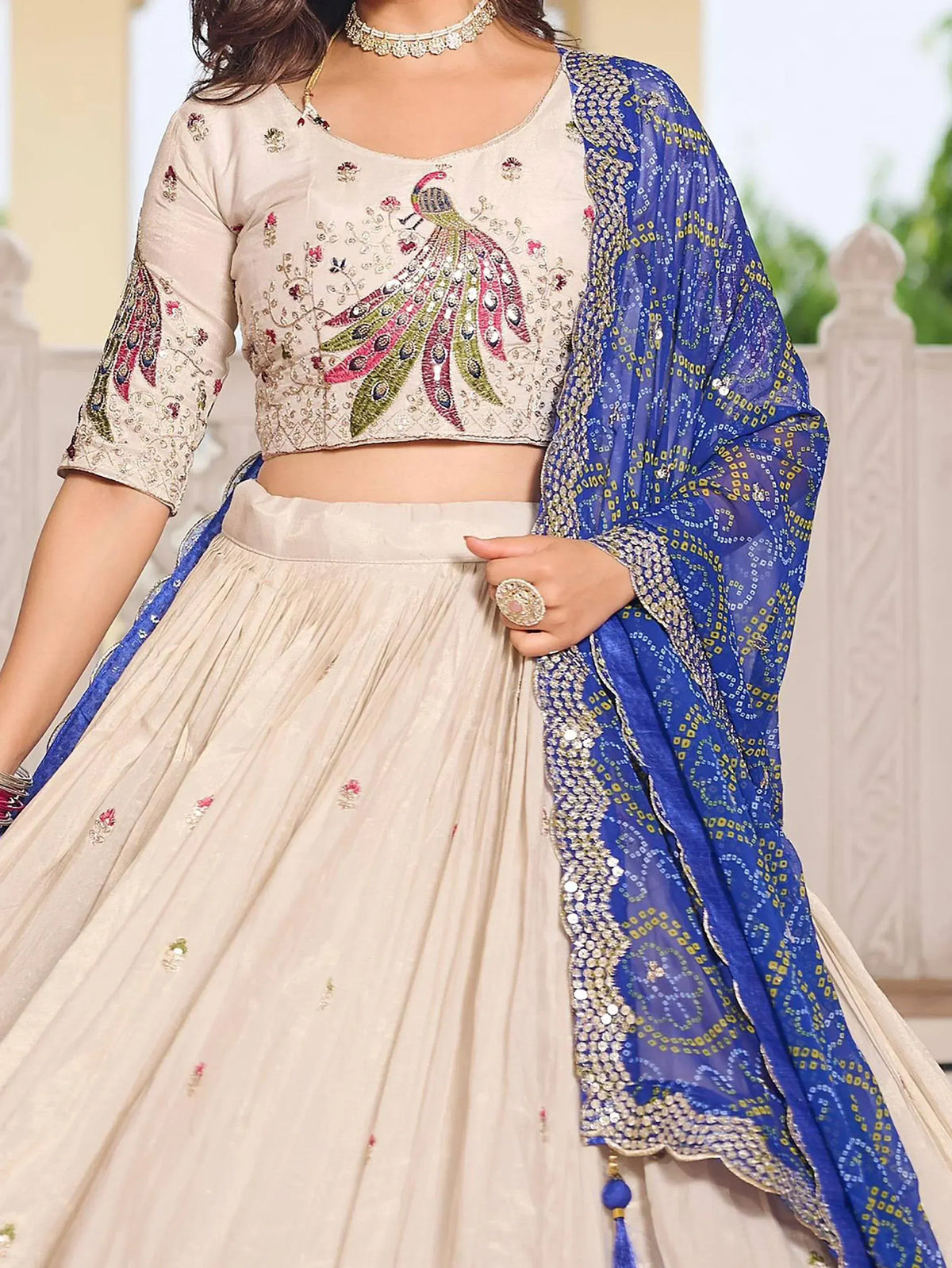 Beige lehenga choli with peacock embroidery and blue dupatta, Indian ethnic wear