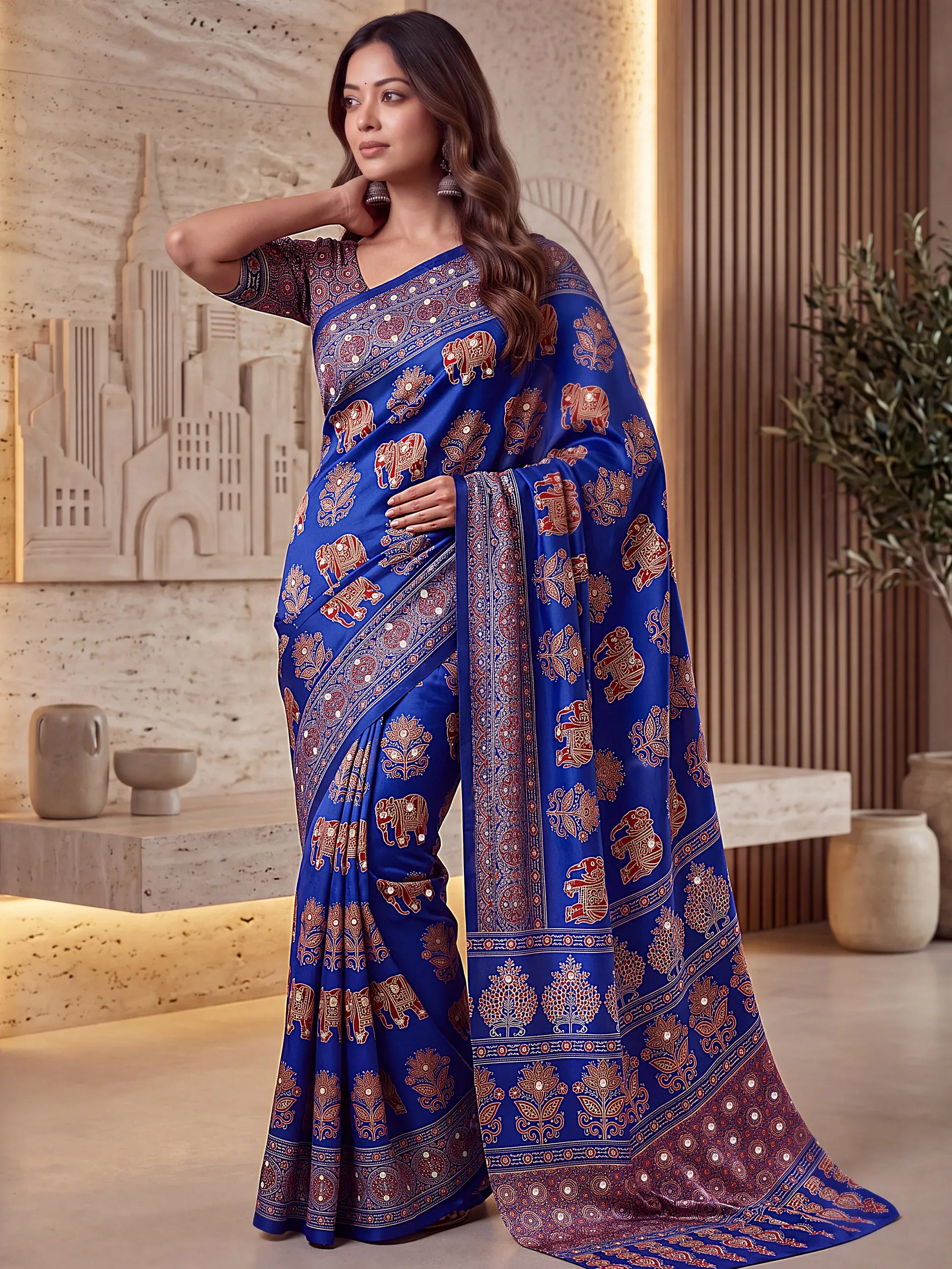 Astonishing Blue Ajarak Printed Crepe Silk Event Wear Saree With Blouse