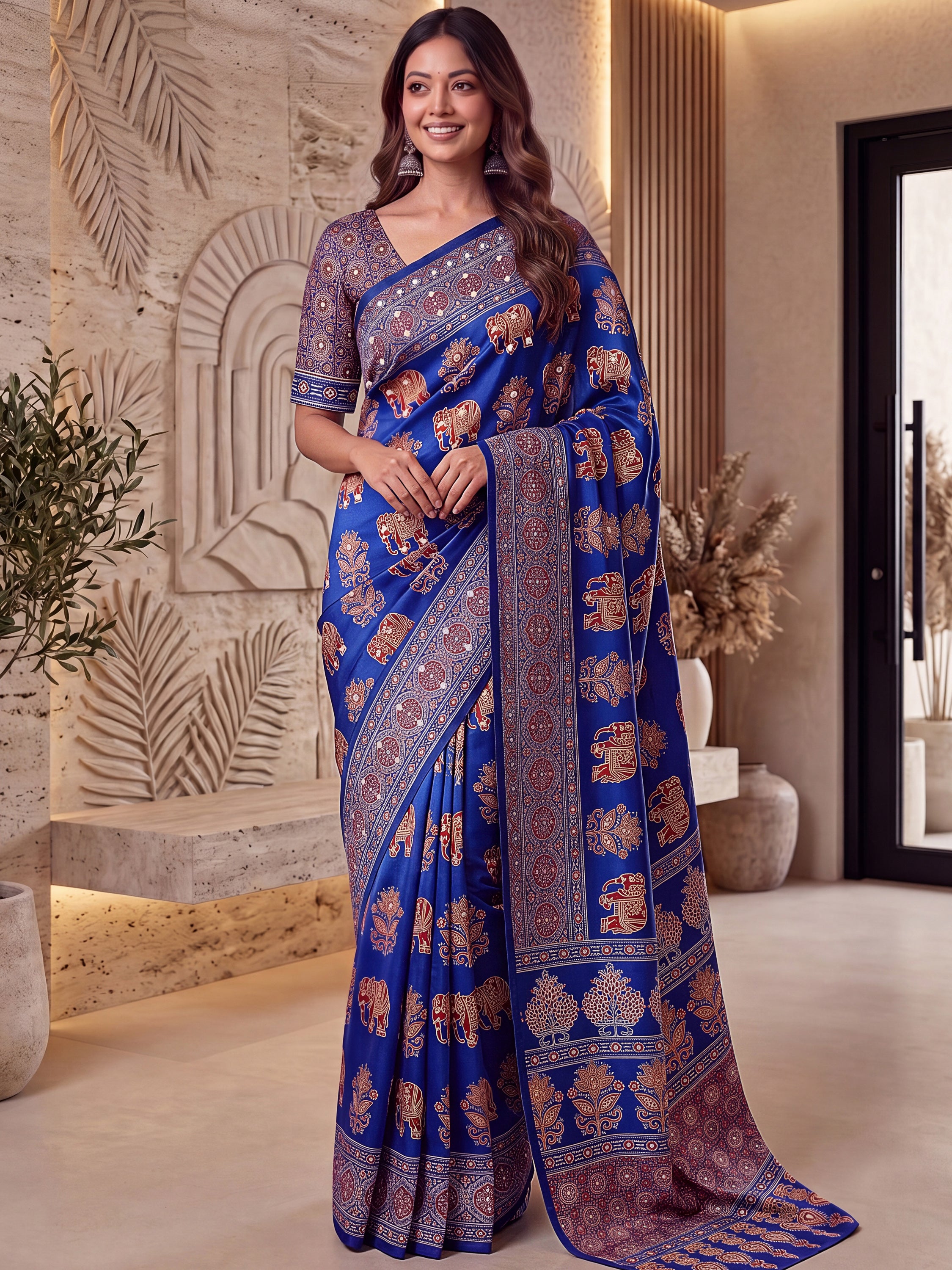 Astonishing Blue Ajarak Printed Crepe Silk Event Wear Saree With Blouse