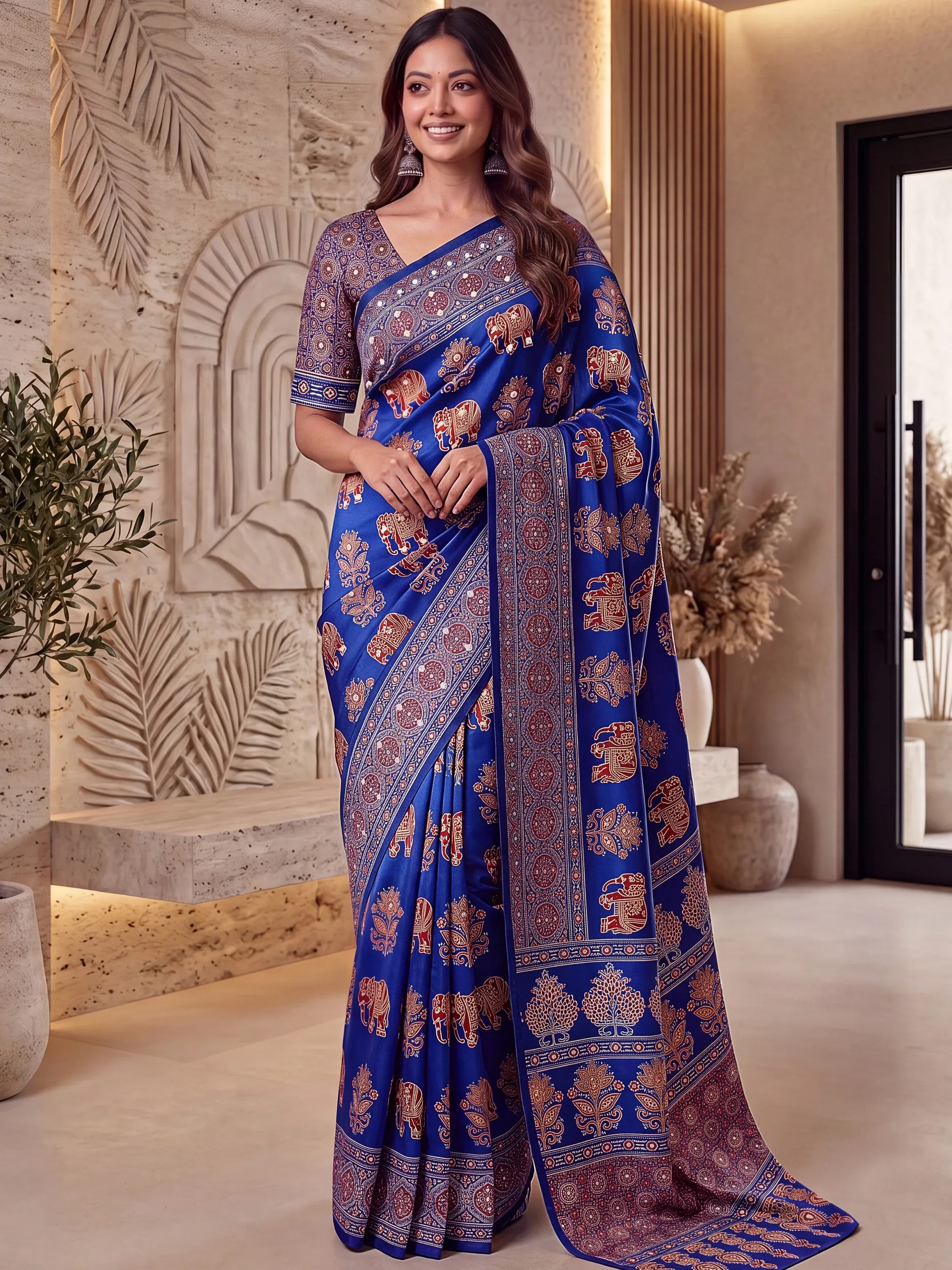 Astonishing Blue Ajarak Printed Crepe Silk Event Wear Saree With Blouse