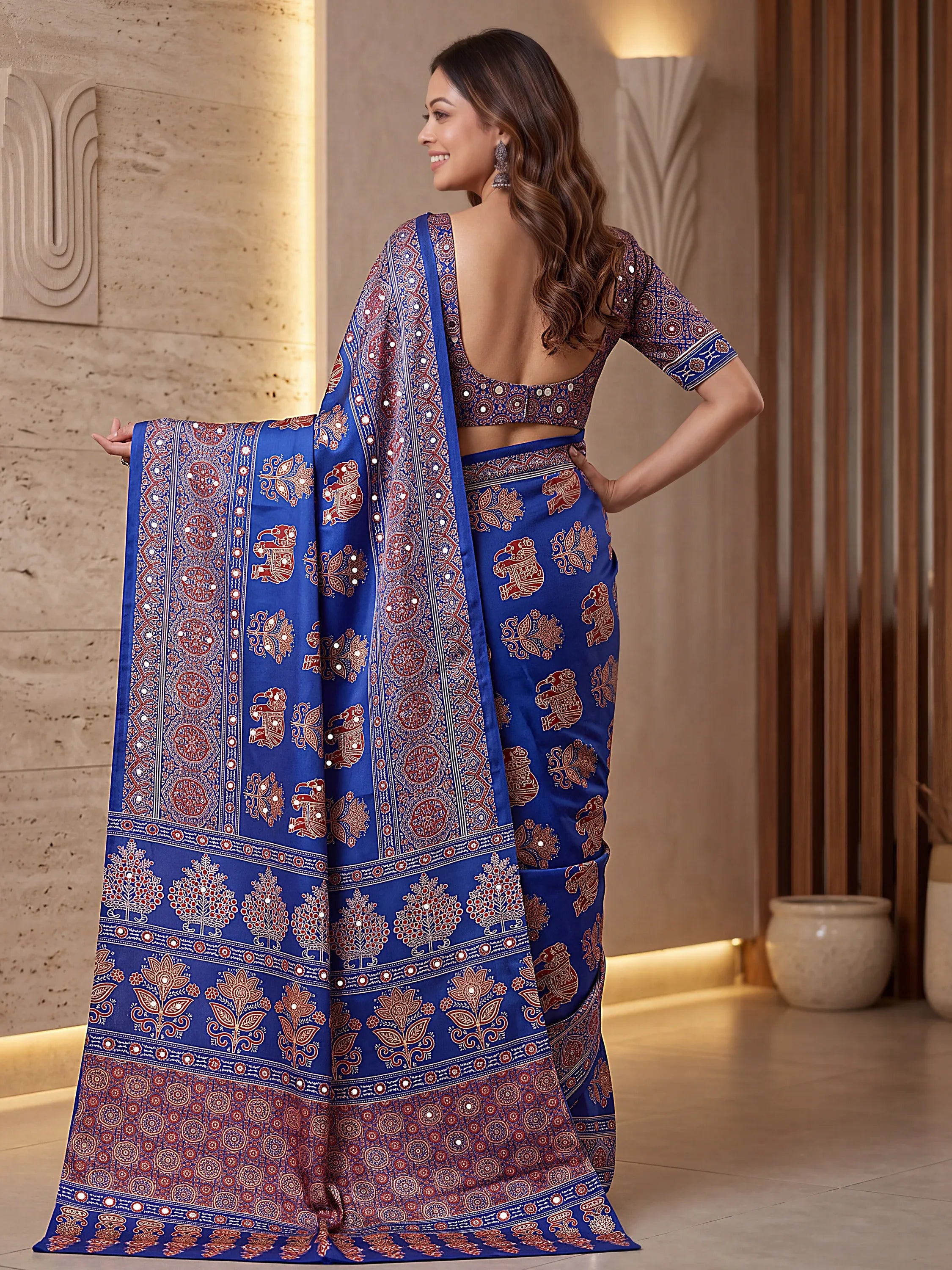 Astonishing Blue Ajarak Printed Crepe Silk Event Wear Saree With Blouse