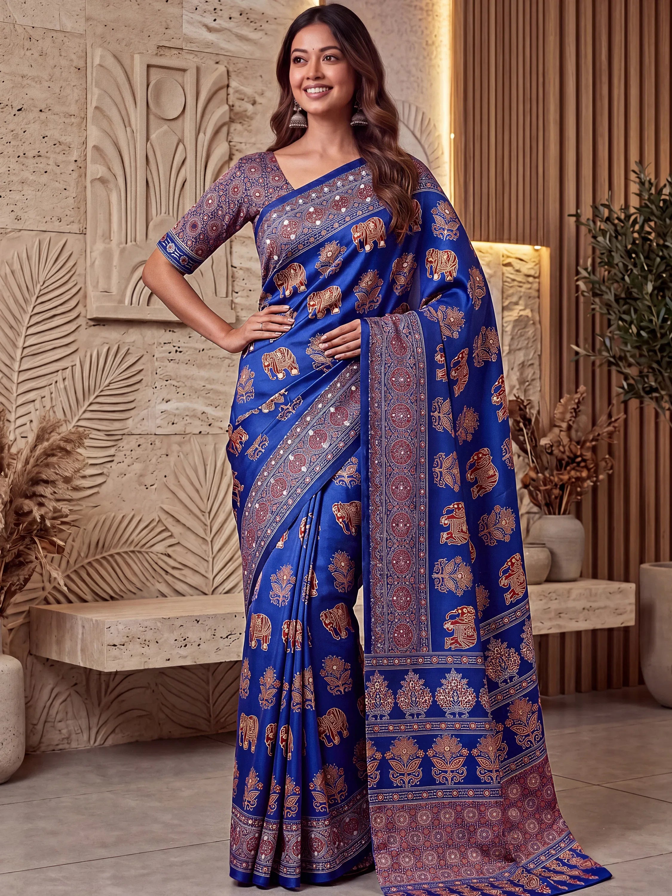 Astonishing Blue Ajarak Printed Crepe Silk Event Wear Saree With Blouse