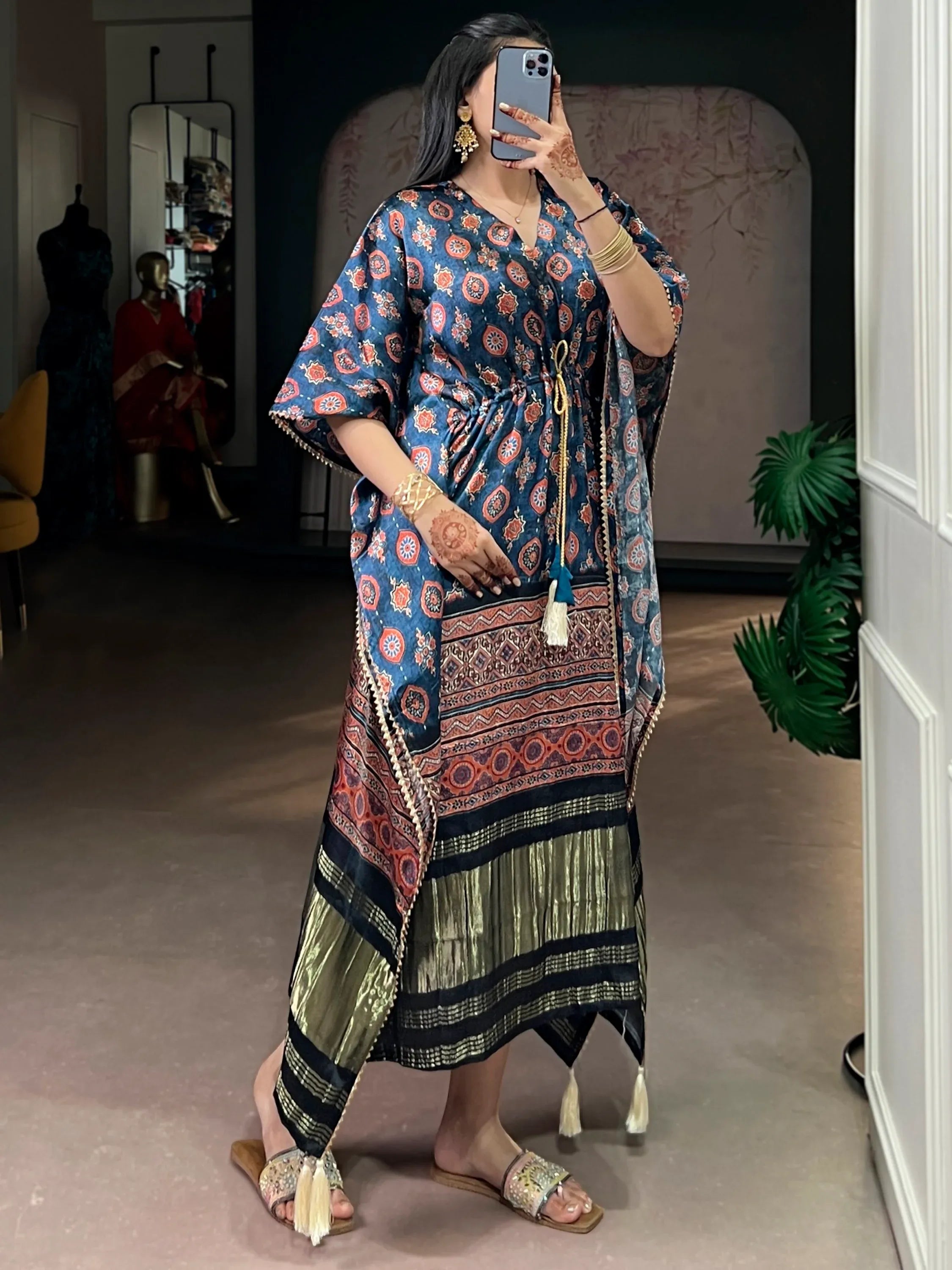 Precious Navy Blue Gota Laced Gaji Silk Event Wear Kaftan