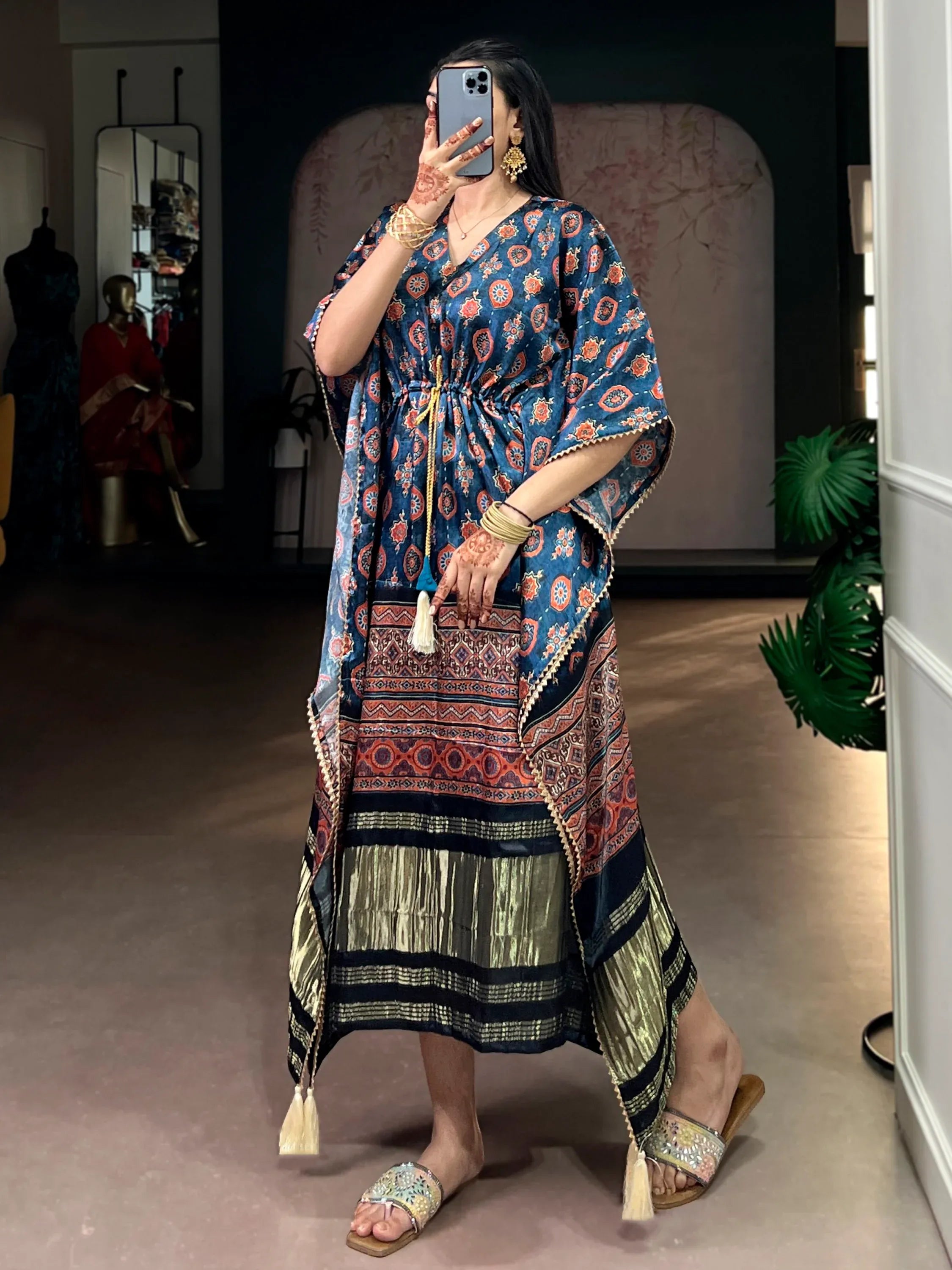 Precious Navy Blue Gota Laced Gaji Silk Event Wear Kaftan