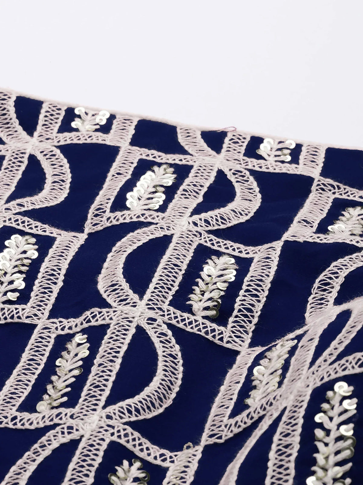 Navy blue velvet with white thread embroidery and silver sequins for ethnic wear