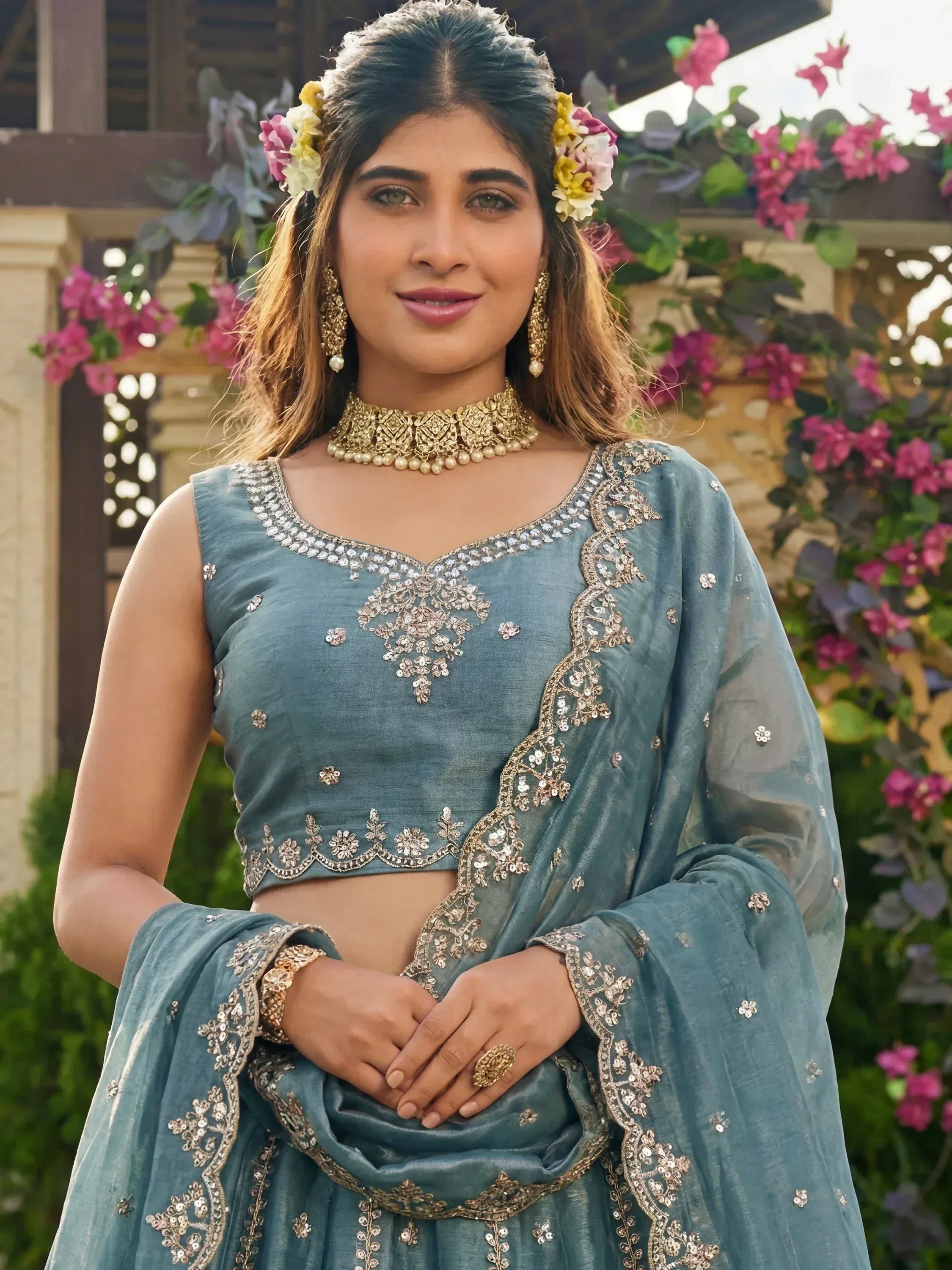 Stunning Blue Dori Work Satin Reception Wear Lehenga Choli