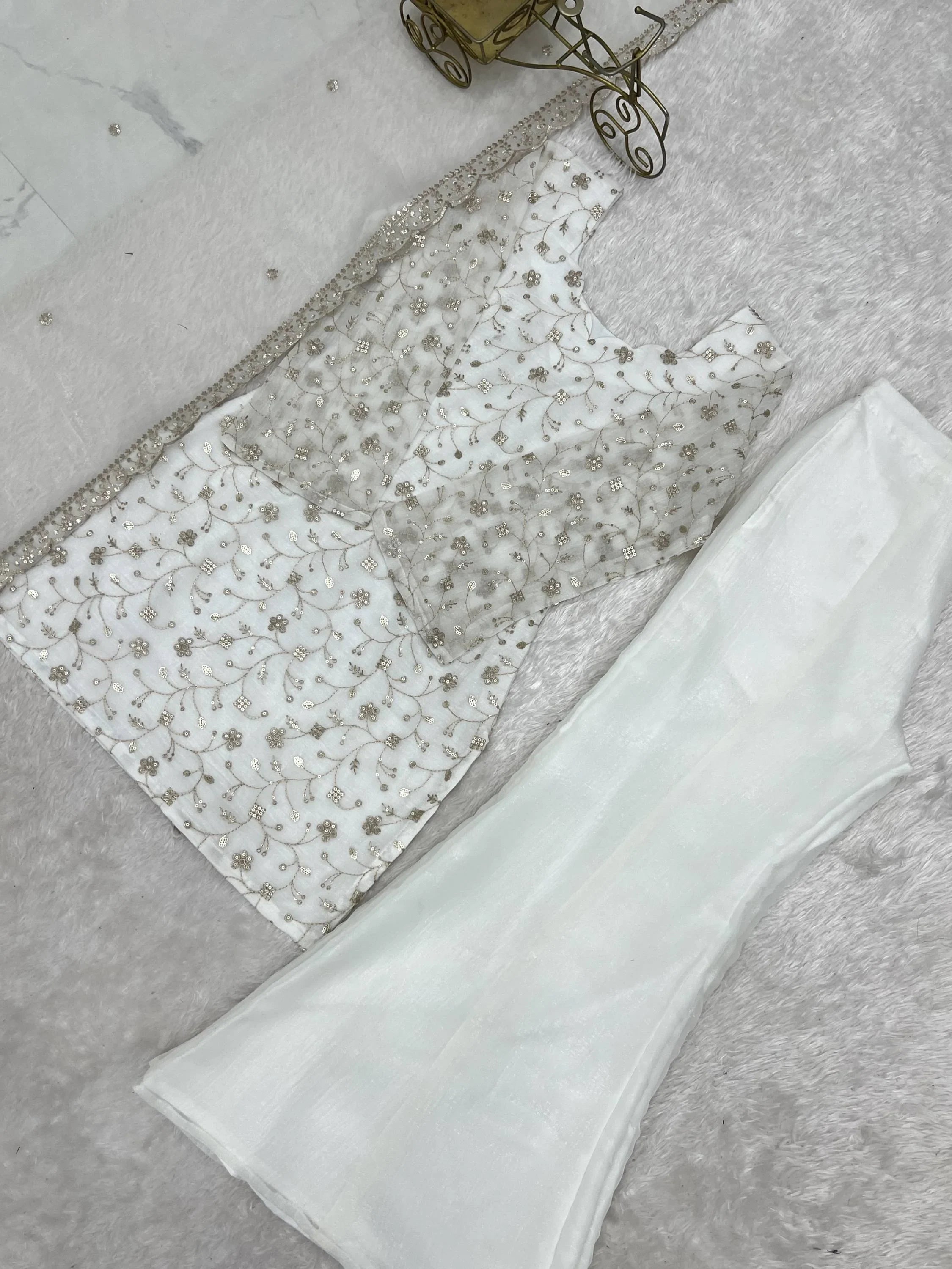 Esthetics White Sequins Silk Festive Wear Pant Suit