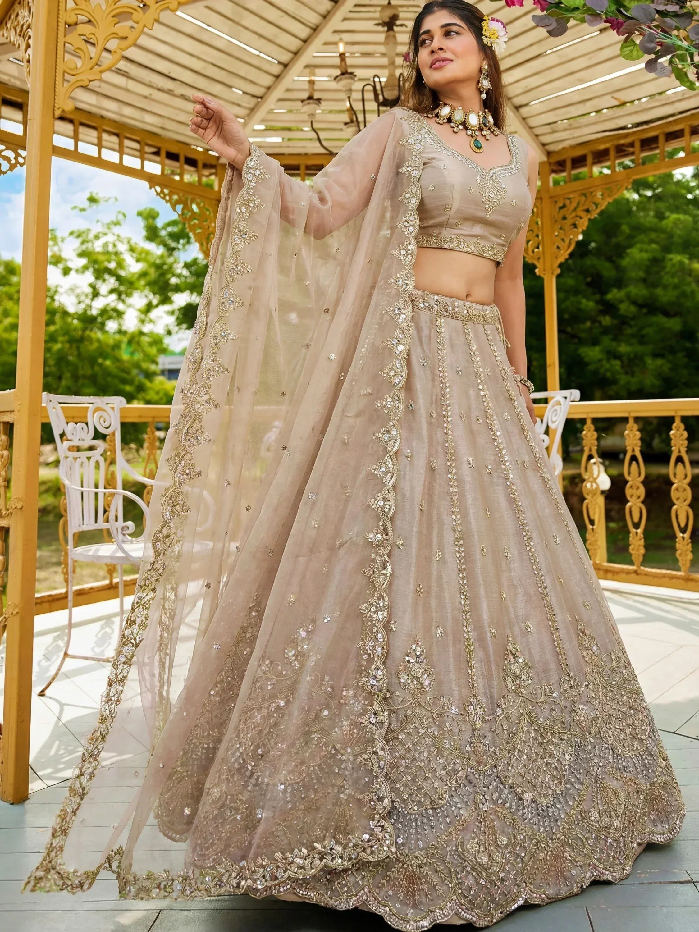 Impressive Beige Dori Work Satin Wedding Wear Lehenga Choli