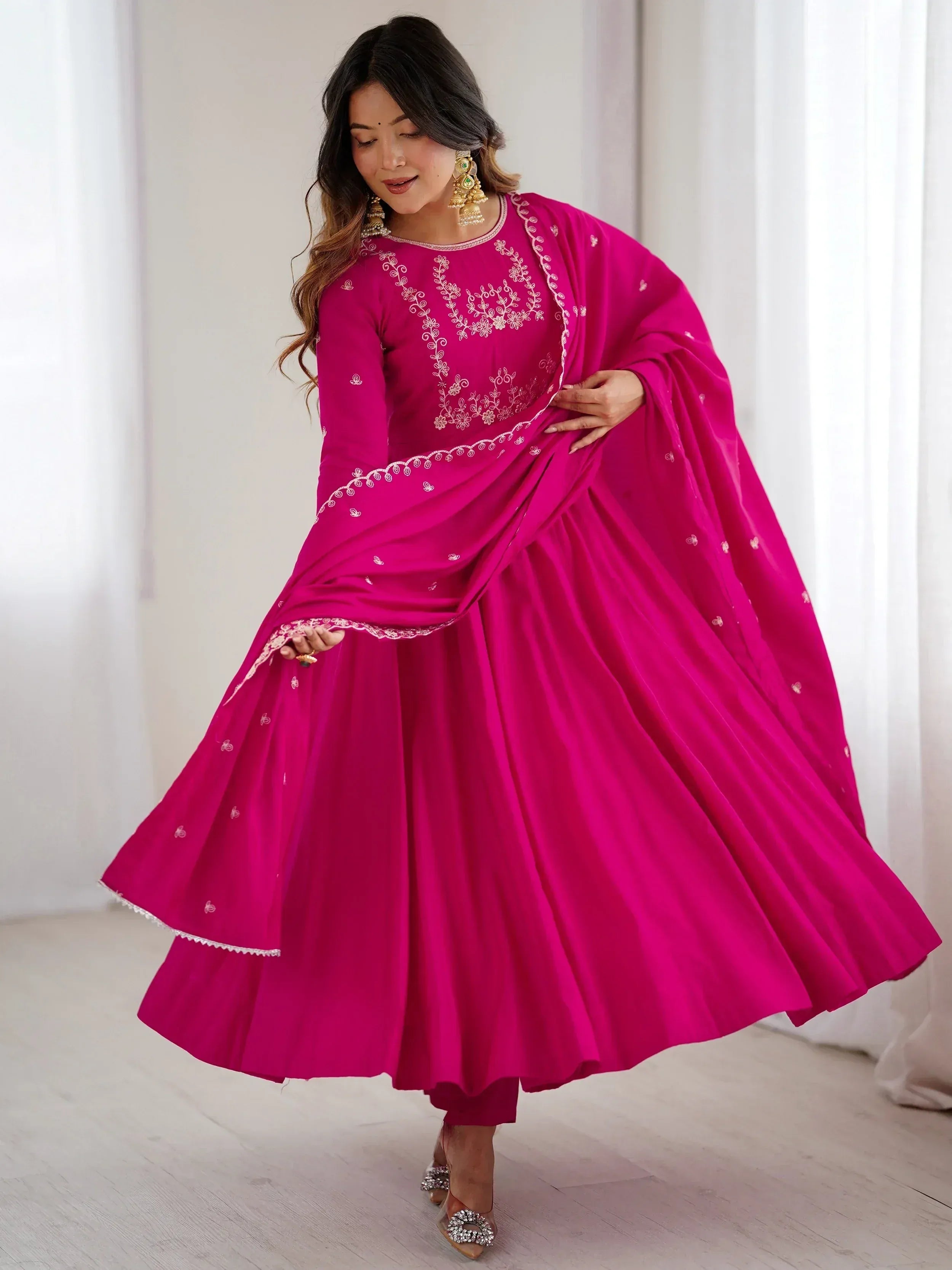 Glowing Pink Beads Work Chanderi Silk Festival Wear Anarkali Suit