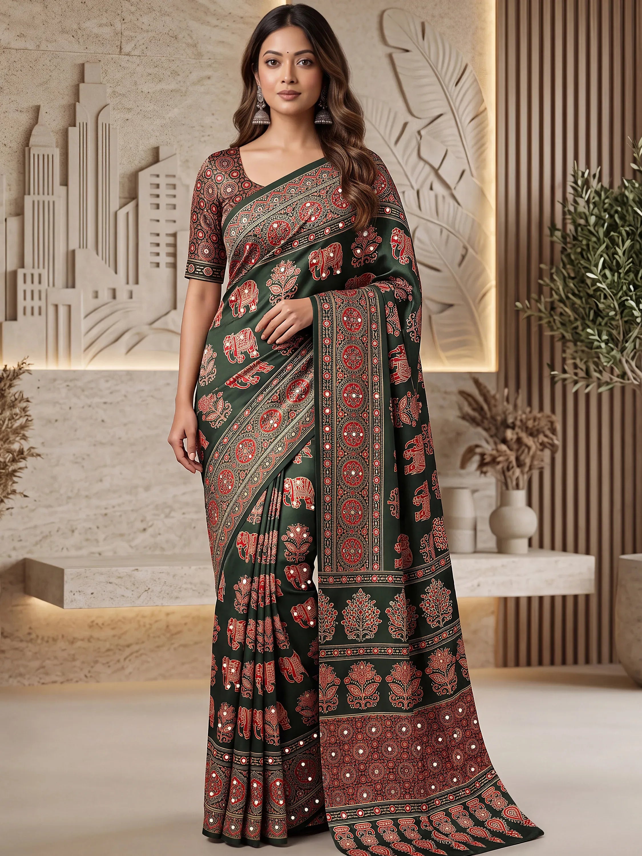 Fantastic Bottle Green Printed Crepe Silk Function Wear Saree With Blouse