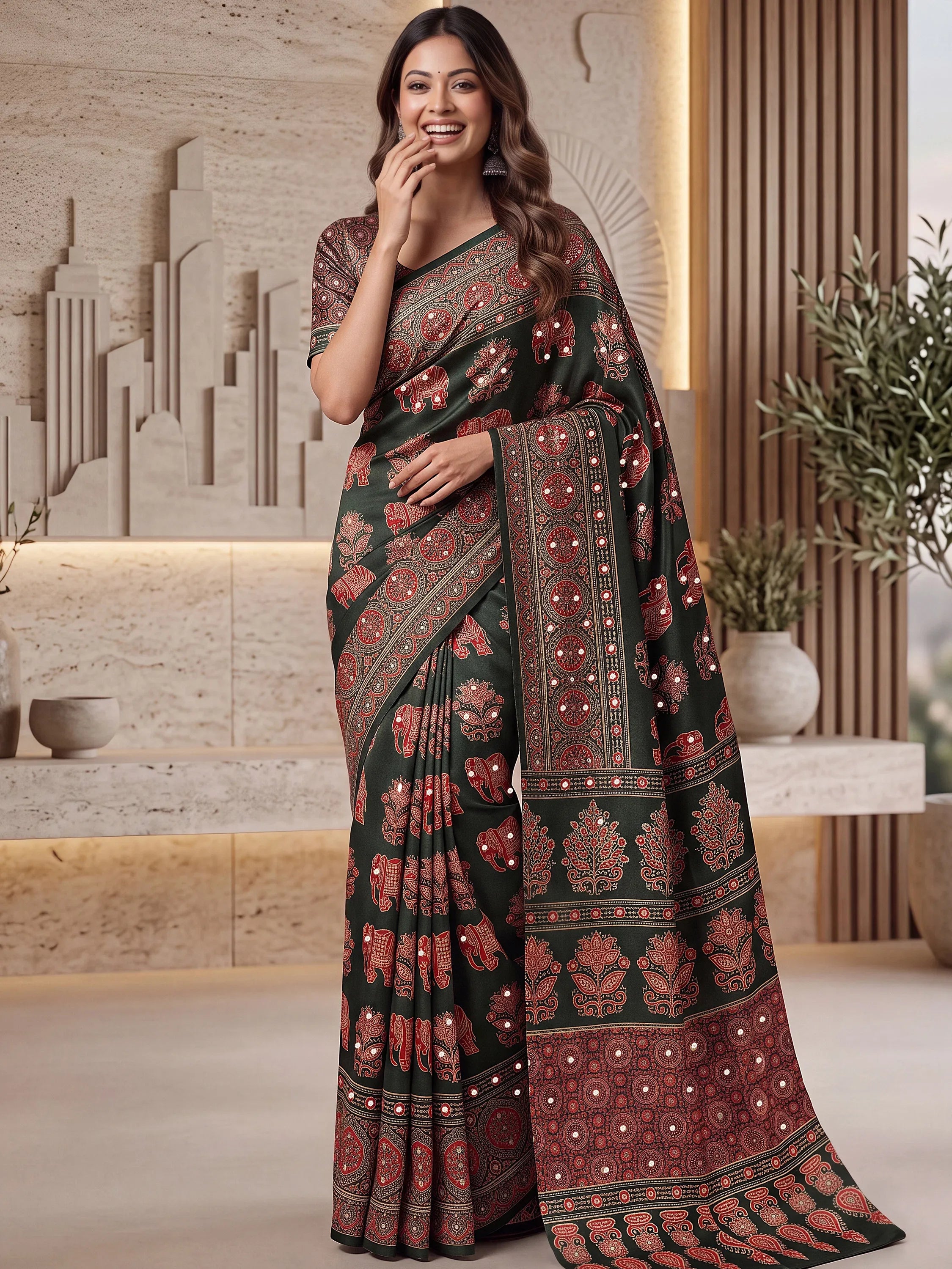Fantastic Bottle Green Printed Crepe Silk Function Wear Saree With Blouse