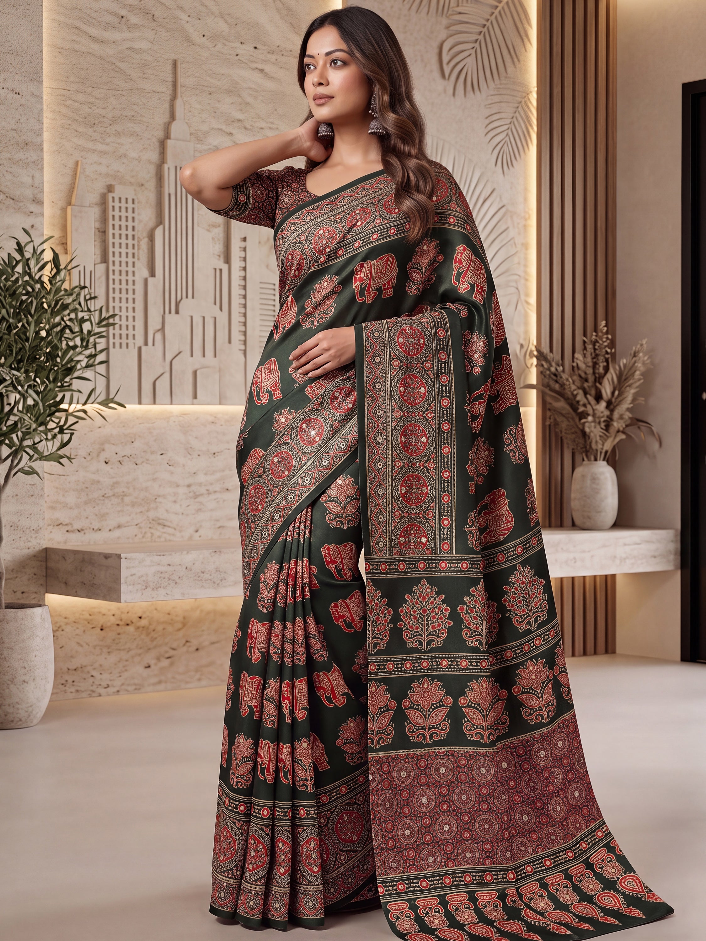 Fantastic Bottle Green Printed Crepe Silk Function Wear Saree With Blouse