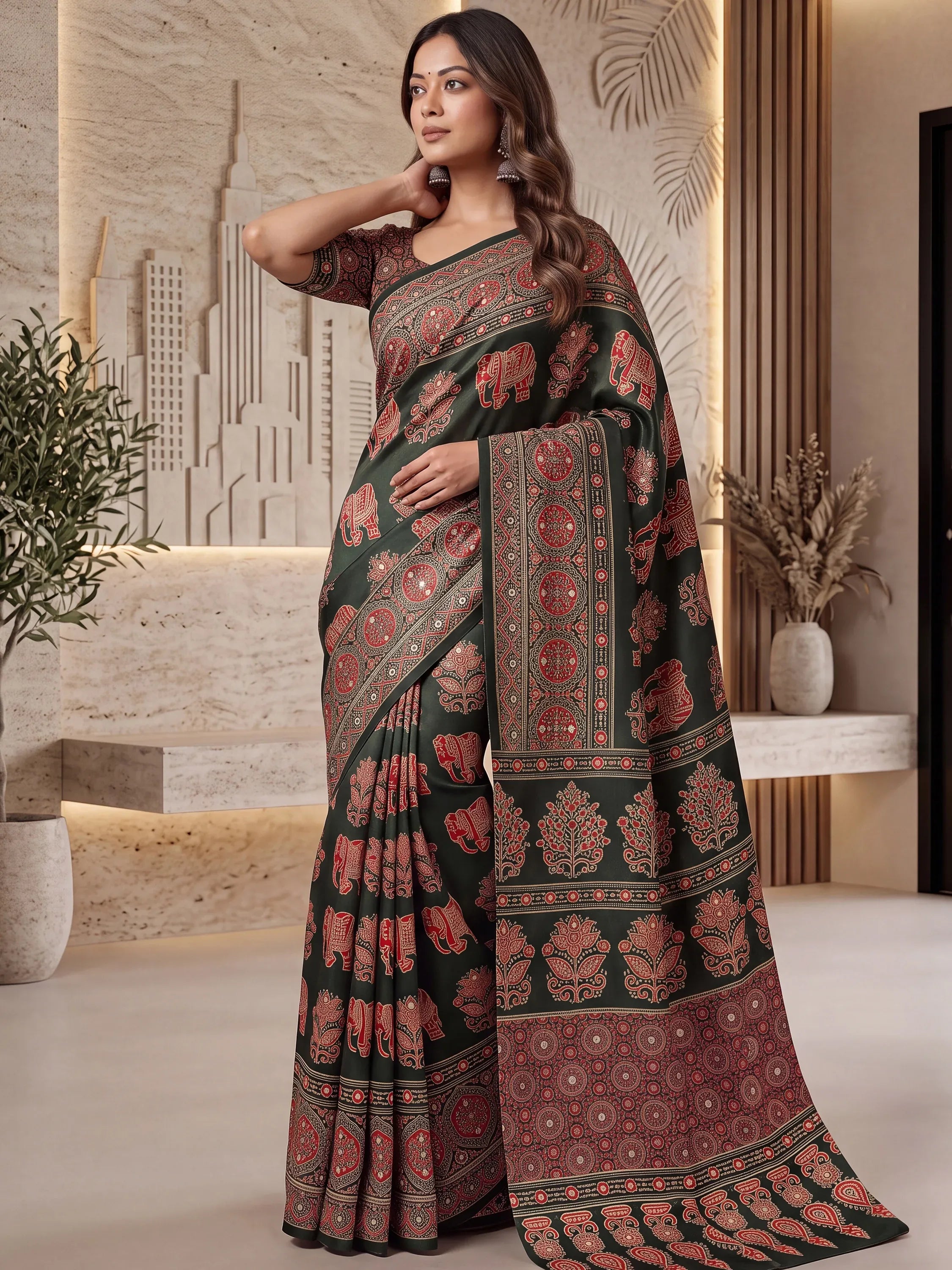 Fantastic Bottle Green Printed Crepe Silk Function Wear Saree With Blouse