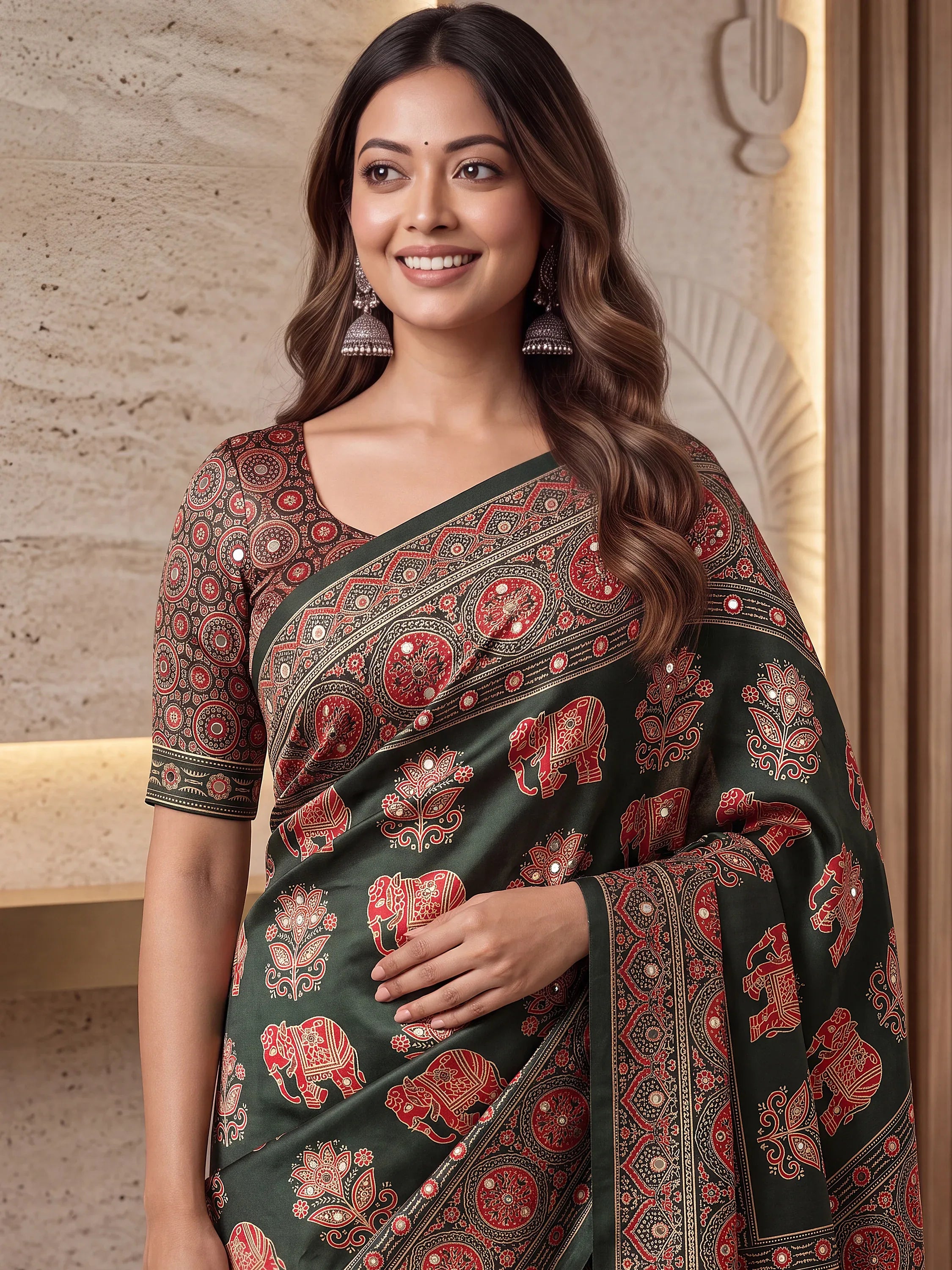 Fantastic Bottle Green Printed Crepe Silk Function Wear Saree With Blouse