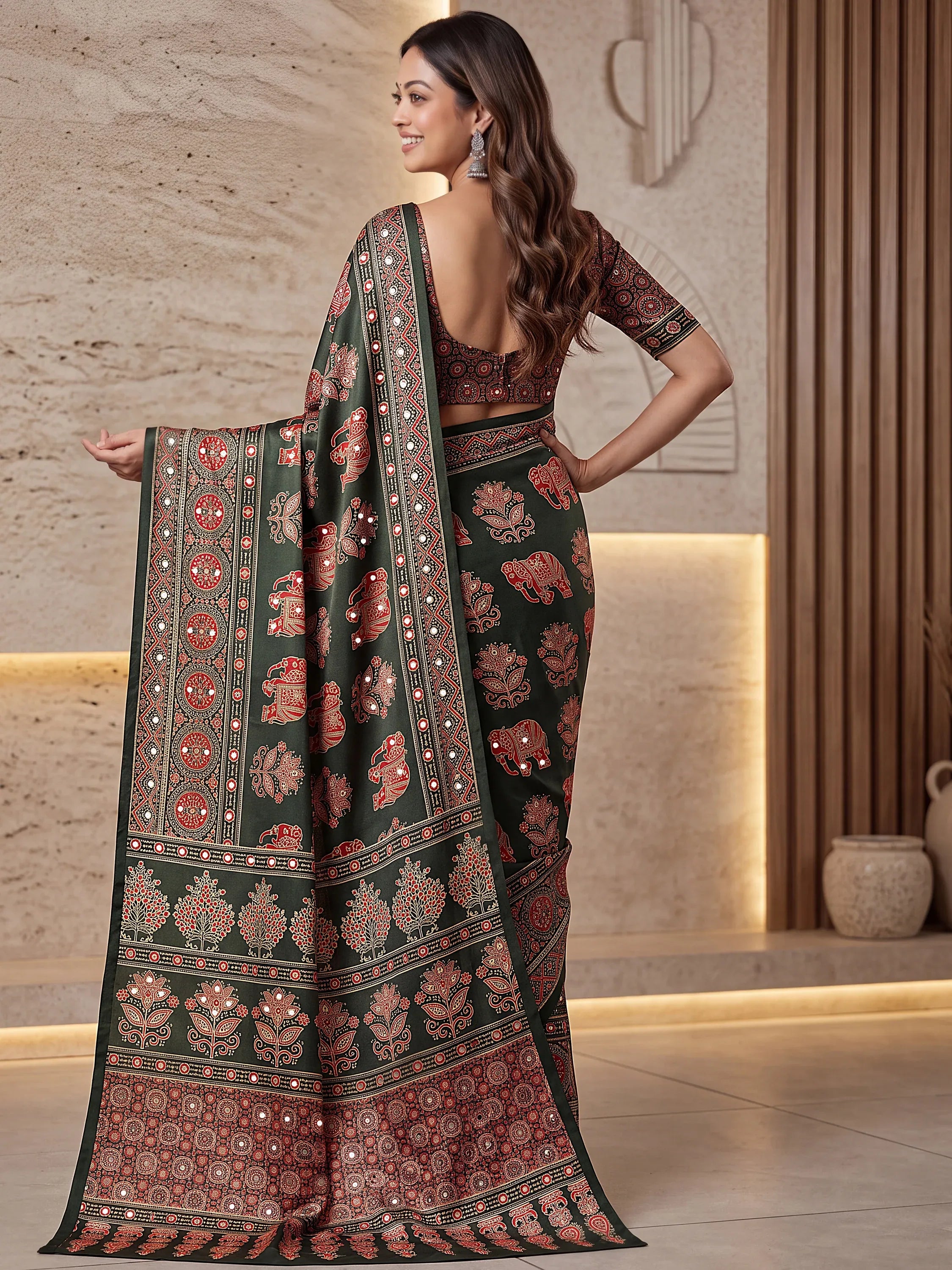 Fantastic Bottle Green Printed Crepe Silk Function Wear Saree With Blouse