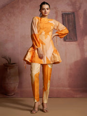 Glamorous Orange Digital Printed Muslin Silk Party Wear Co-Ord Set