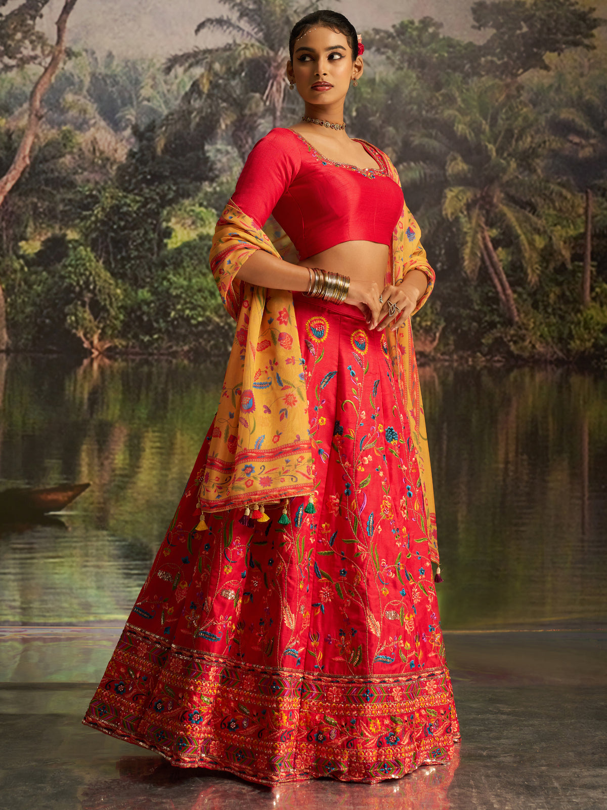 Stupendous Red Thread Work Silk Wedding Wear Lehenga Choli With Dupatta