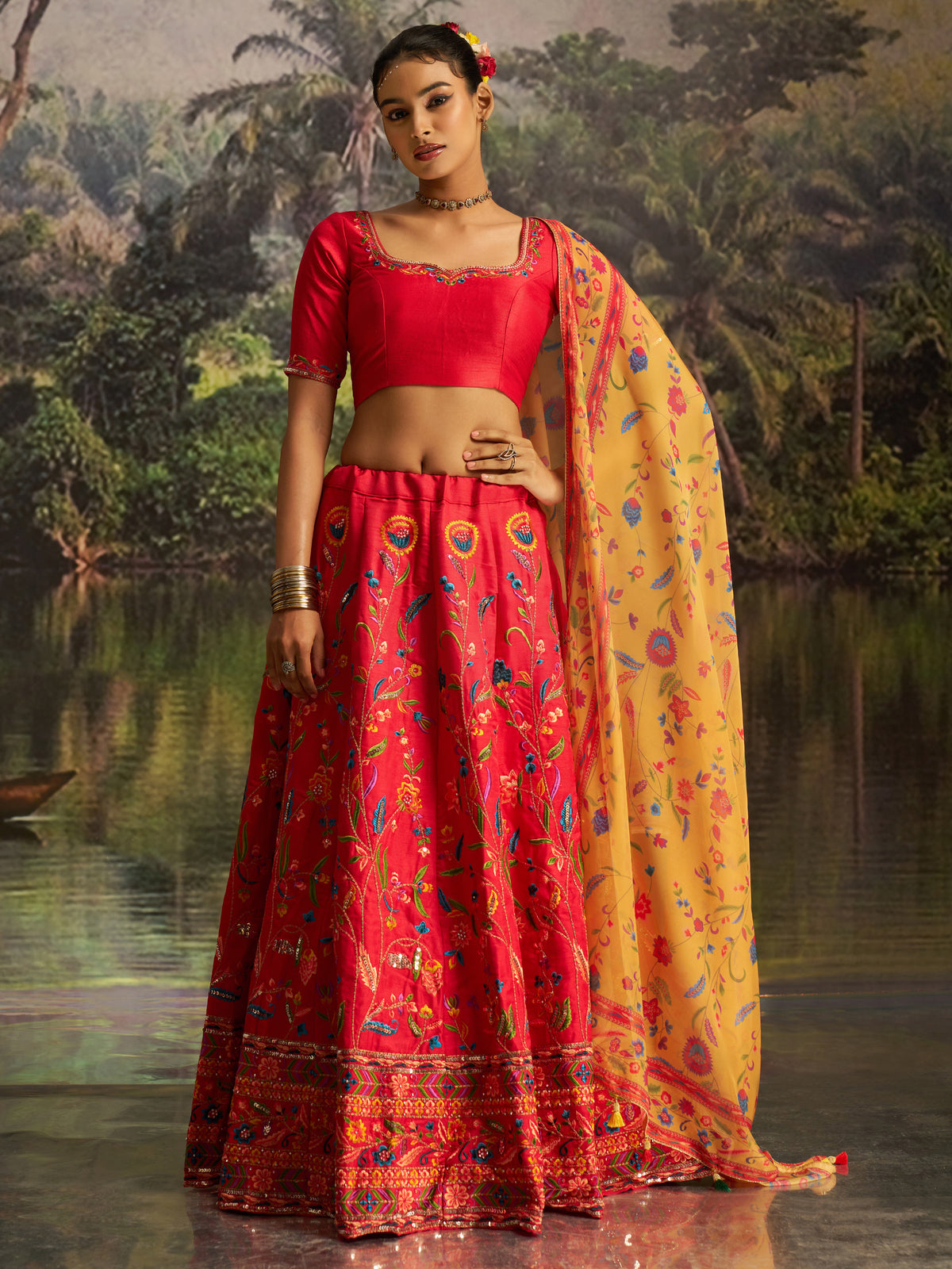 Stupendous Red Thread Work Silk Wedding Wear Lehenga Choli With Dupatta