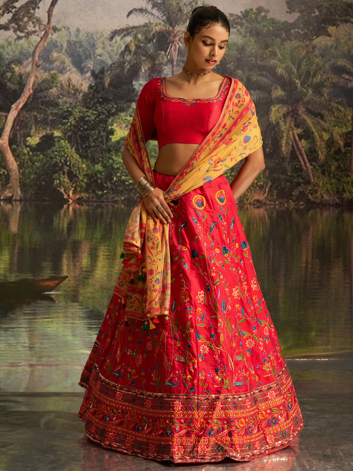 Stupendous Red Thread Work Silk Wedding Wear Lehenga Choli With Dupatta