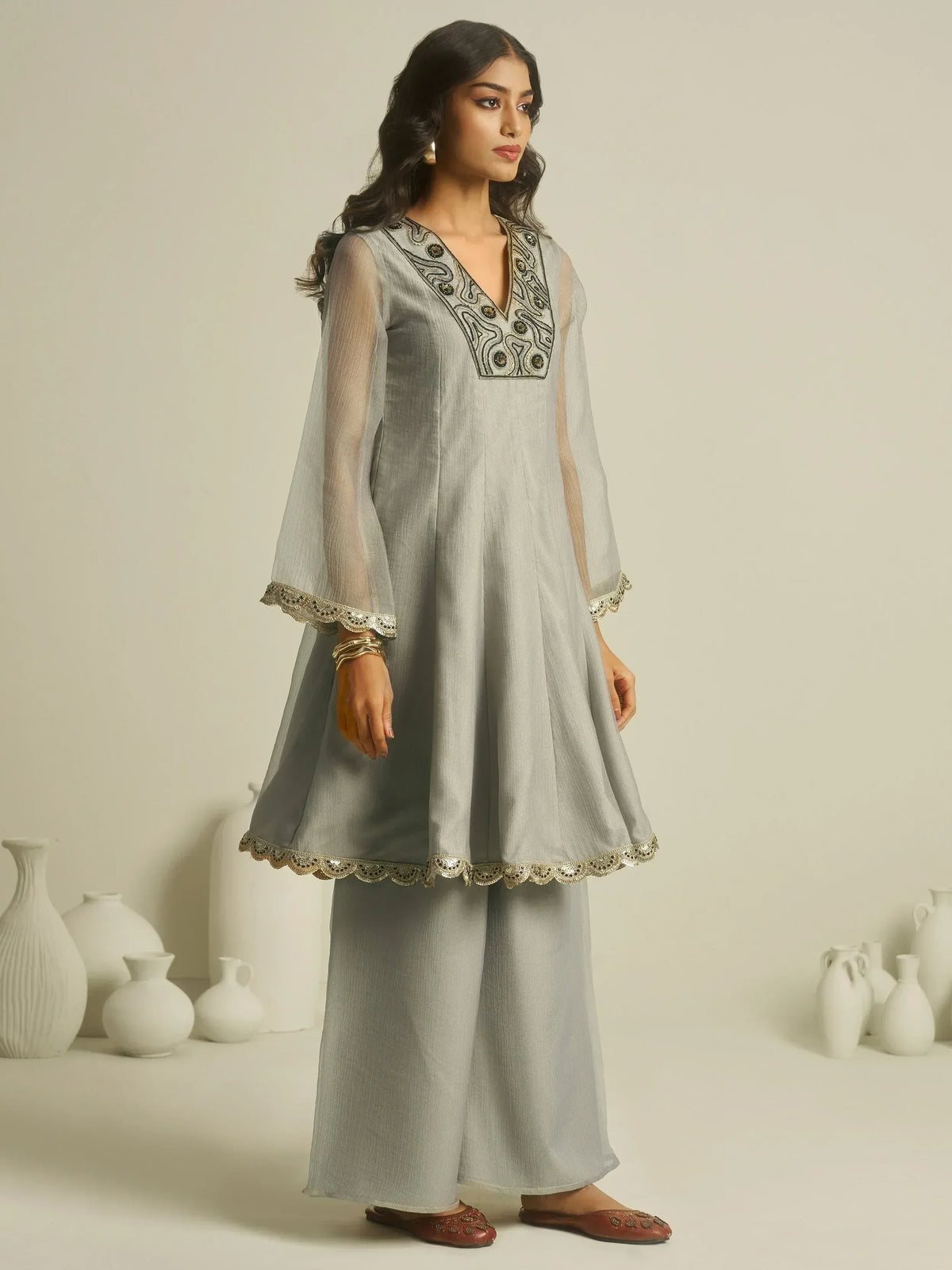 Grey ethnic kurta with gold embroidery and palazzo pants, Indian designer wear