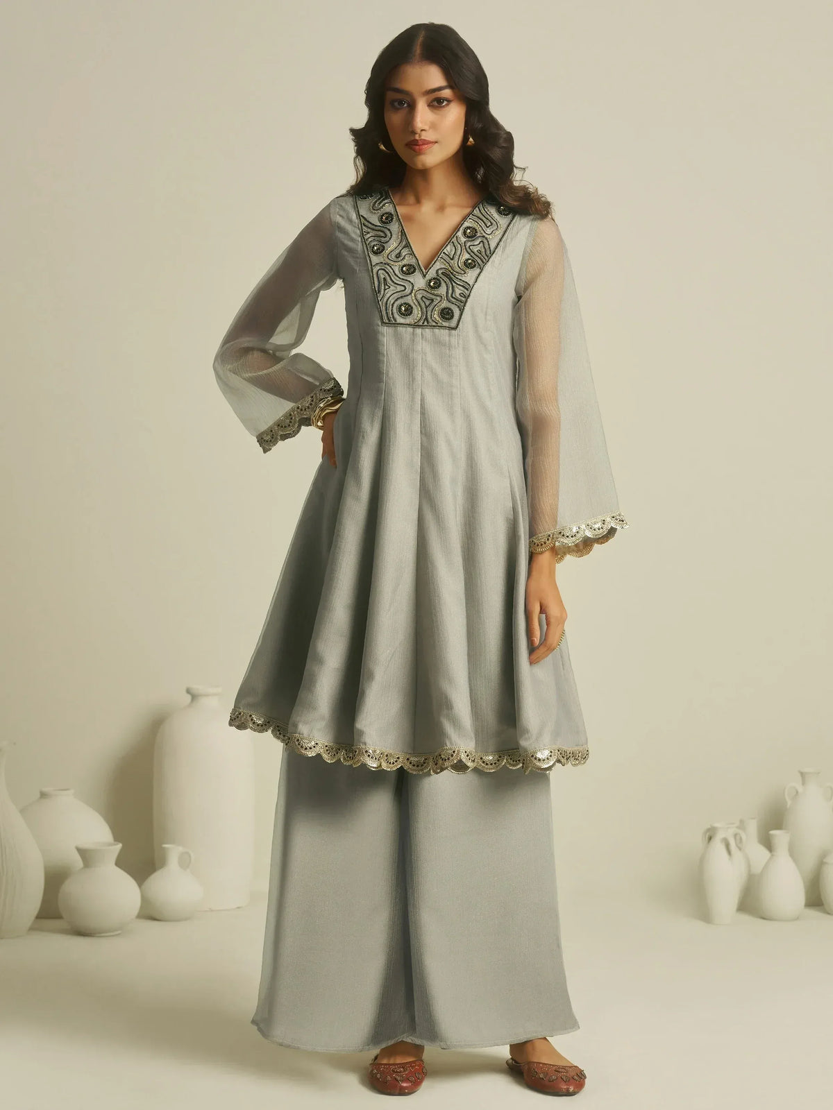 Grey embroidered kurta with palazzo pants, Indian ethnic wear for women