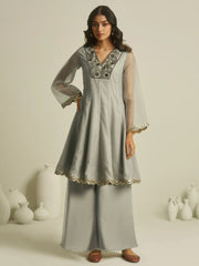 Gorgeous Grey Handwork Tissue Festive Wear Palazzo With Peplum Top