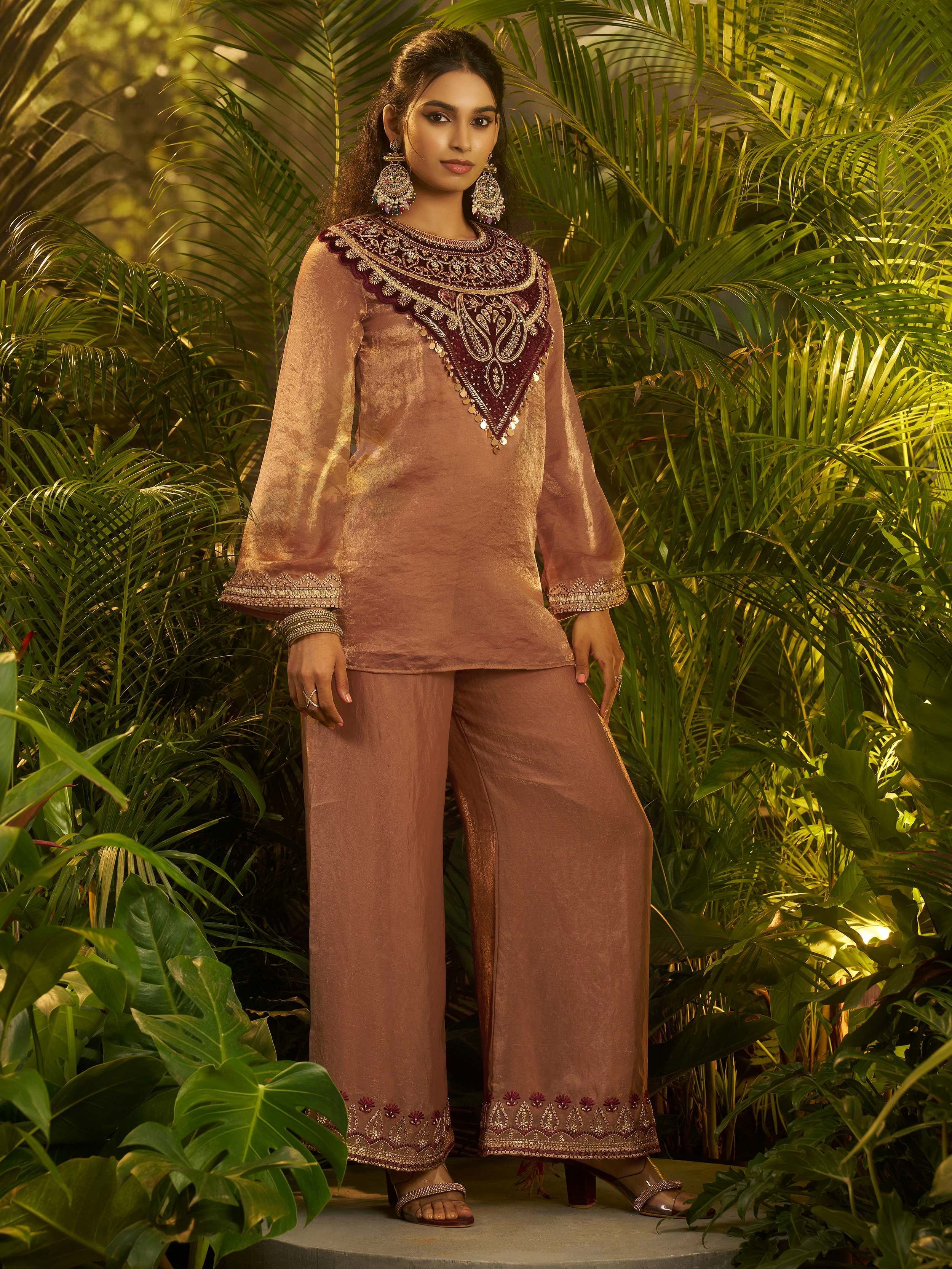 Stylish Brown Patch Work Organza Festive Wear Co-Ord Set