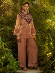 Stylish Brown Patch Work Organza Festive Wear Co-Ord Set