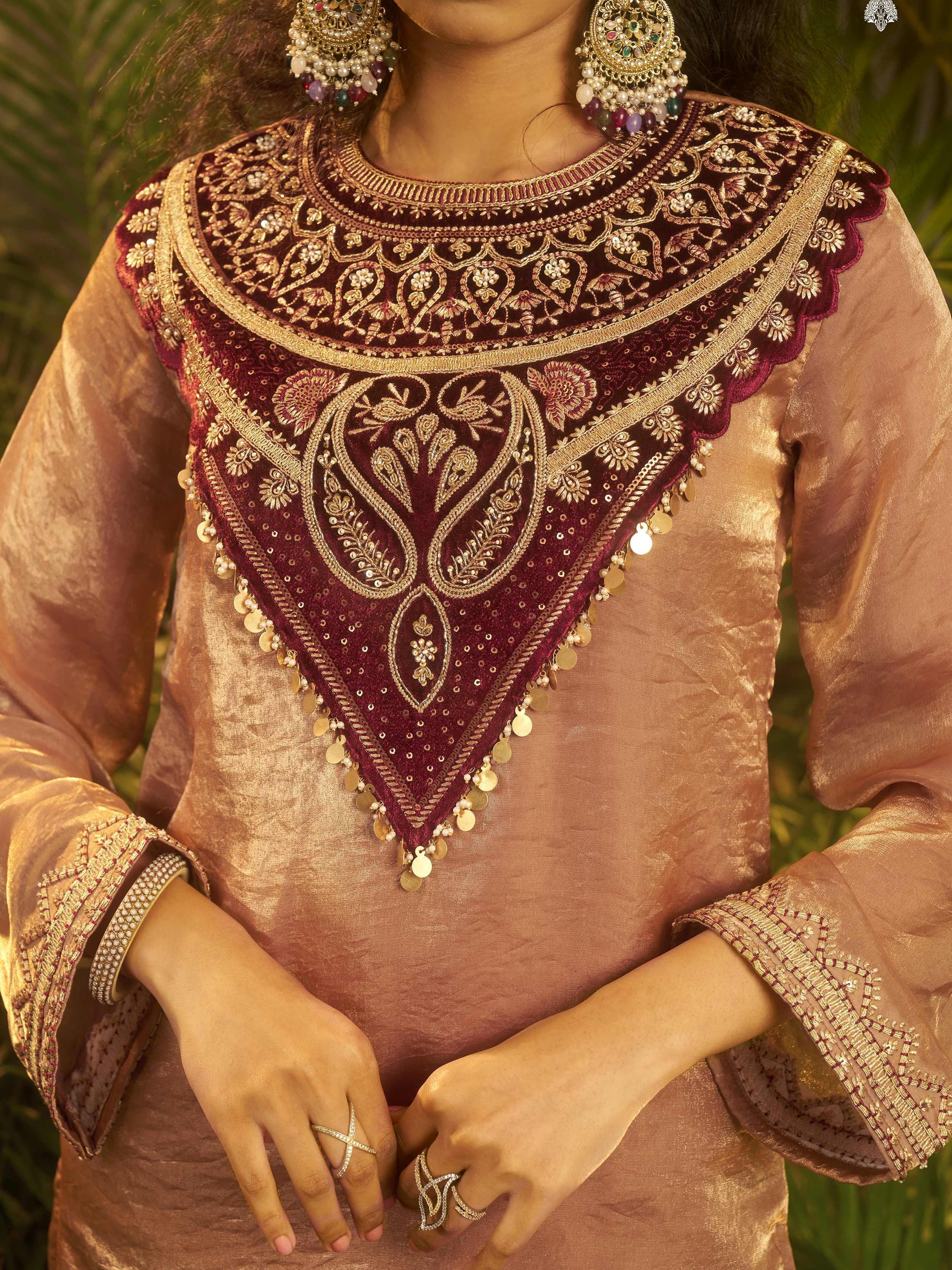 Stylish Brown Patch Work Organza Festive Wear Co-Ord Set