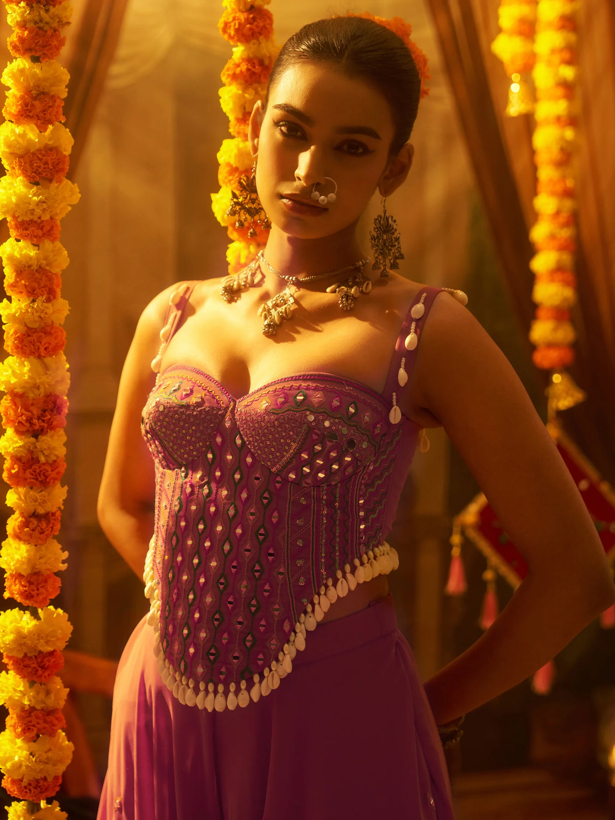 Gorgeous Pink Thread Work Georgette Navratri Corset Top With Palazzo