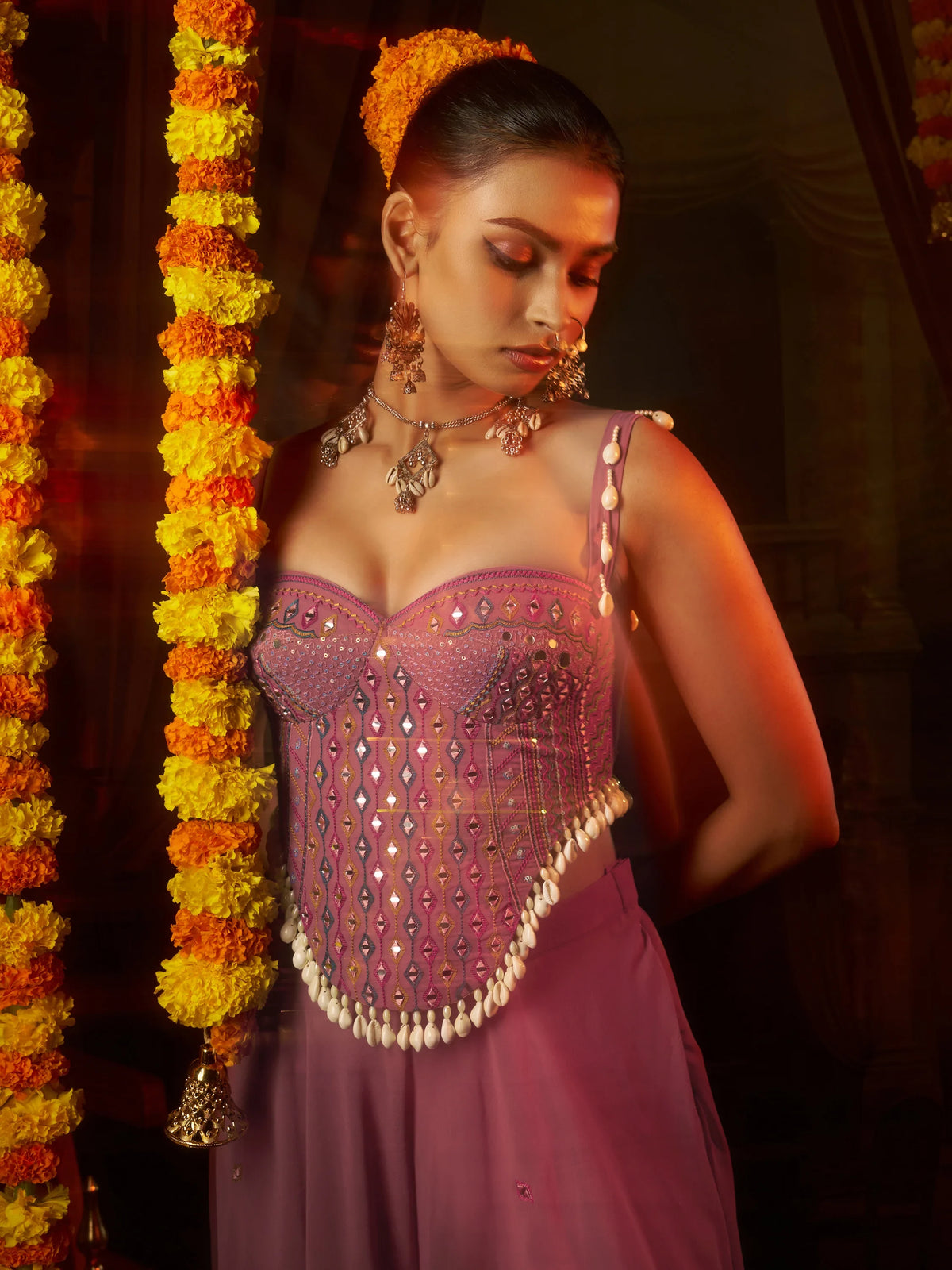 Gorgeous Pink Thread Work Georgette Navratri Corset Top With Palazzo