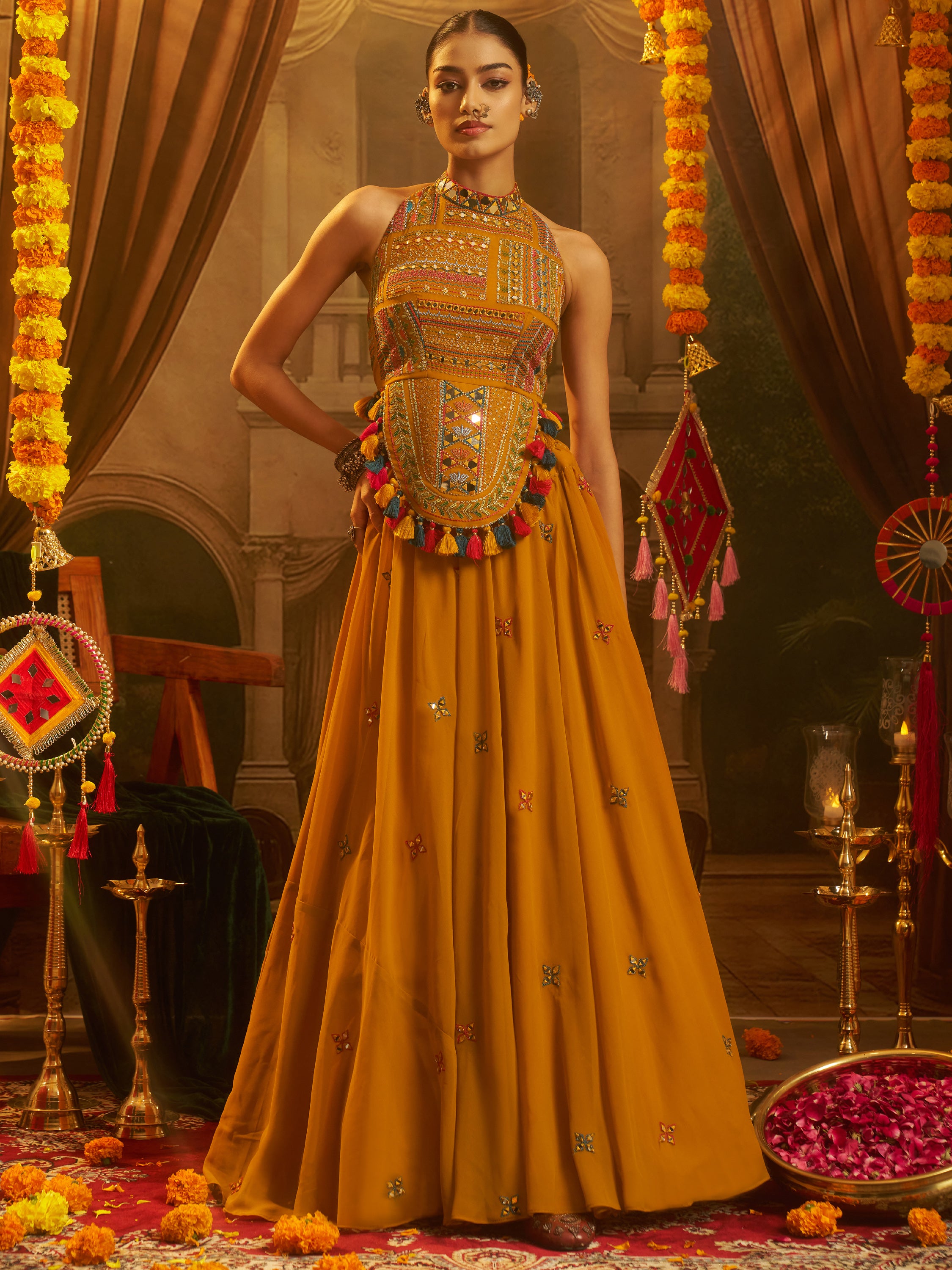 Rich Mustard Yellow Embroidered Georgette Navratri Lehenga Choli