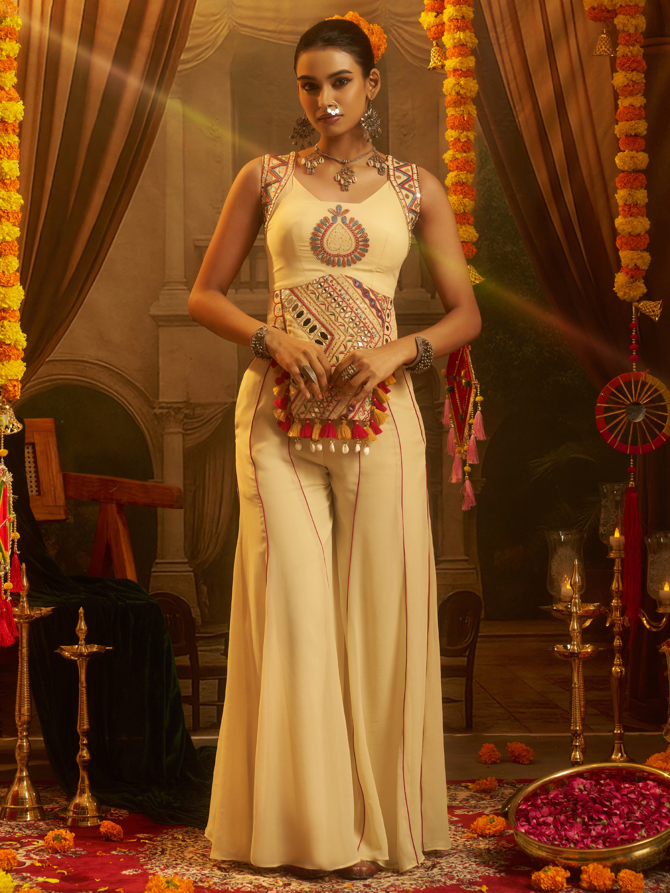Stunning Cream Mirror Work Georgette Navratri Crop Top With Palazzo