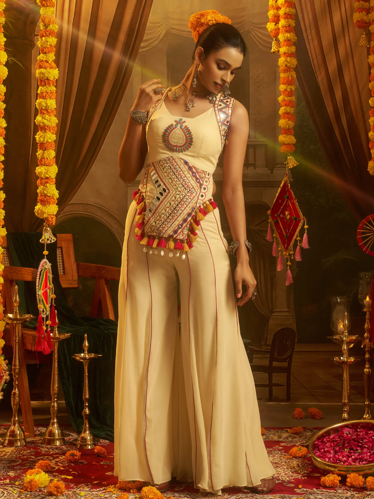 Stunning Cream Mirror Work Georgette Navratri Crop Top With Palazzo