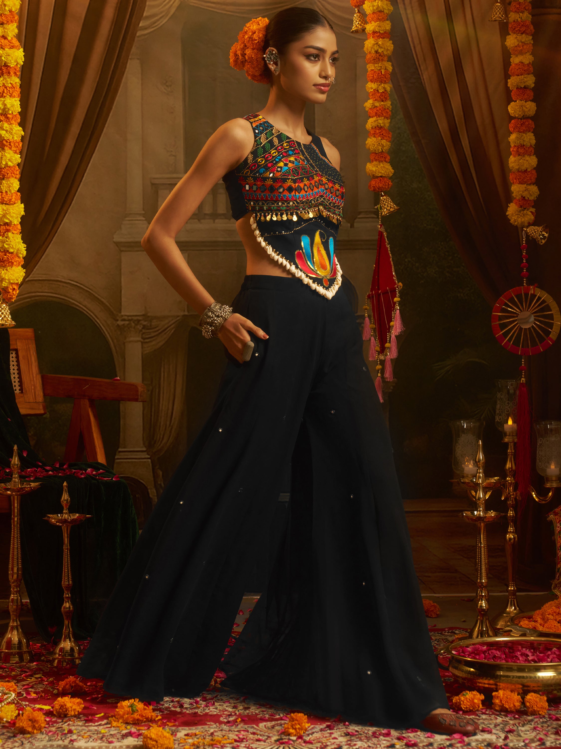 Alluring Black Sequins Georgette Navratri Wear Crop Top With Palazzo