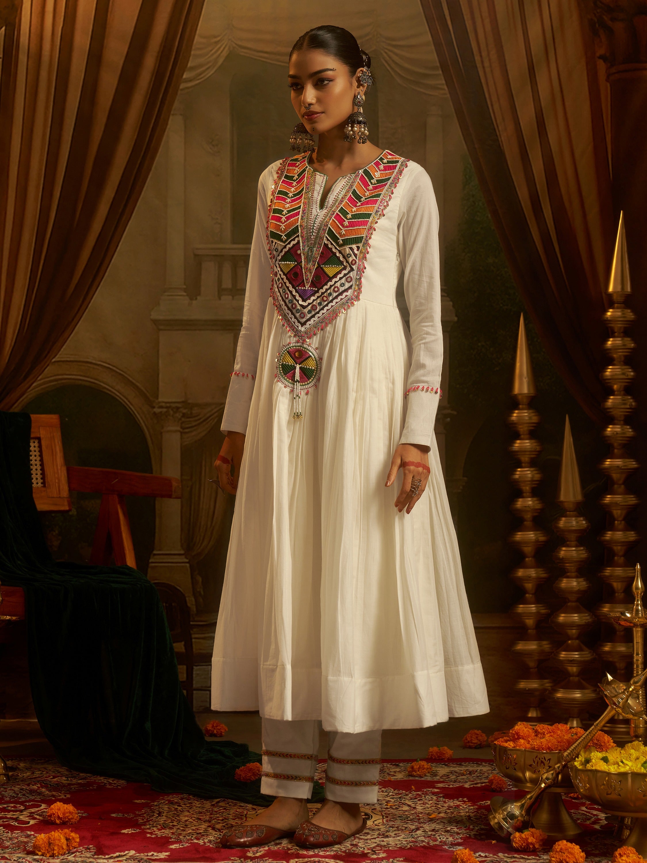 Wonderful Off White Bead Work Cotton Navratri Special Kurti Set